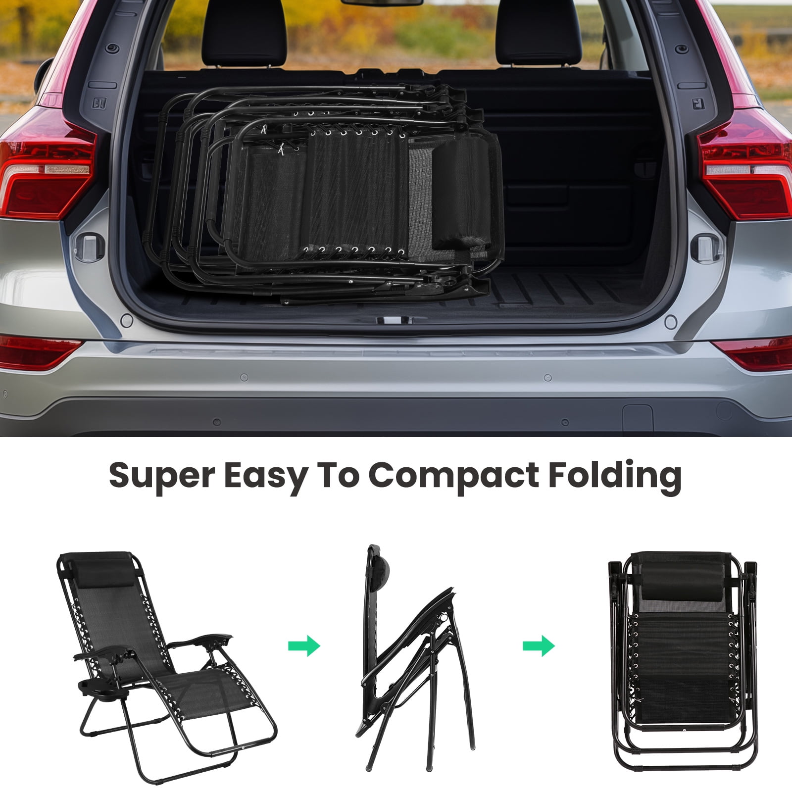 Maxkare Set of 2 Zero Gravity Chair Antigravity, Outdoor Folding Recliner with Adjustable Pillows and Cup Holder Trays for Tanning, 250 lbs Weight Capacity, Black - Image 8