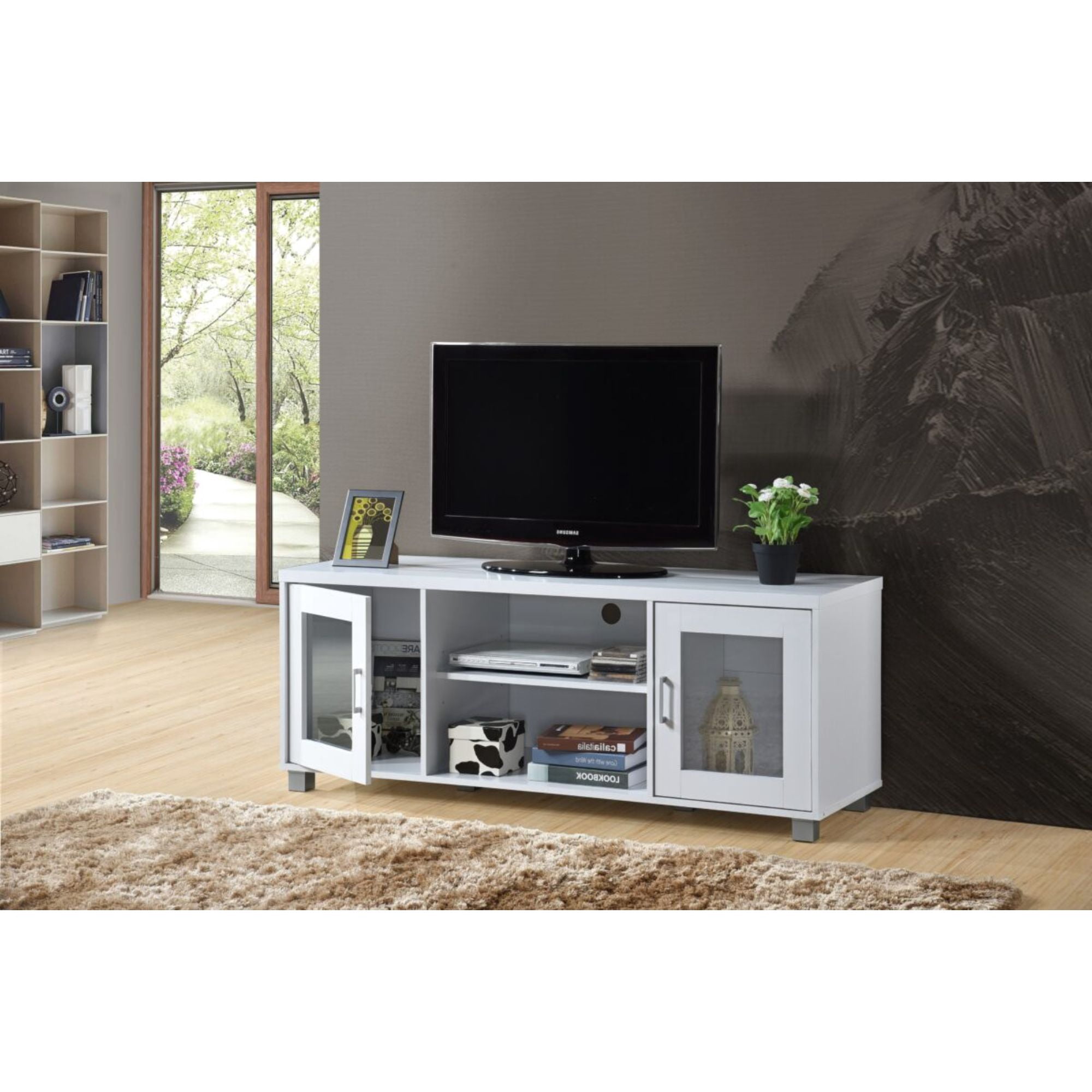 Contemporary Home Living 57" White Entertainment Center with Charcoal Finish - Image 4