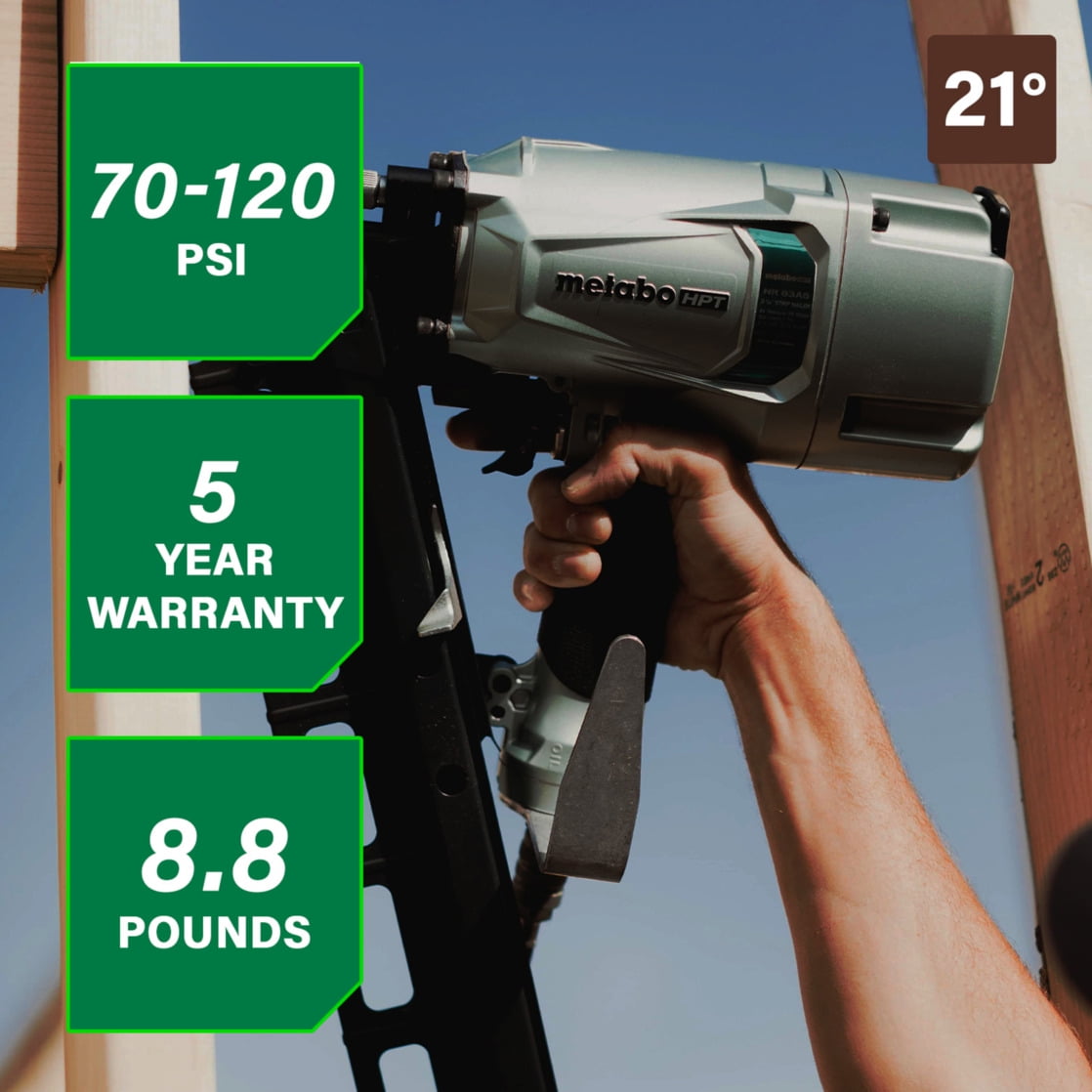 Metabo HPT Framing Nailer, Pro-Preferred Pneumatic Power Nailer & Framing Tool for Flooring, Roof Decking, Selectable Trigger & Rafter Hook, 21° 2" to 3-1/4" Plastic Collated Nails, NR83A5 - Image 9