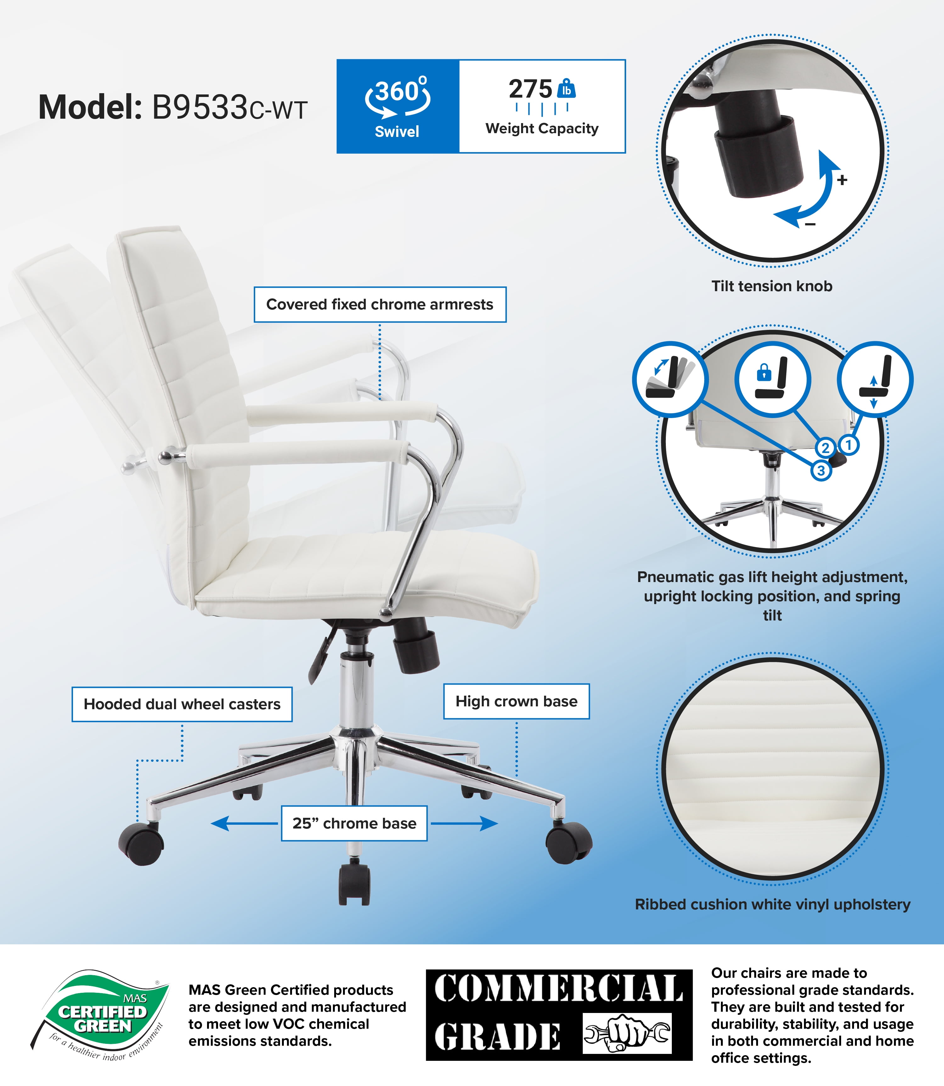 Boss Office Products Hospitality Task Chair with Arms and Casters, White - Image 2