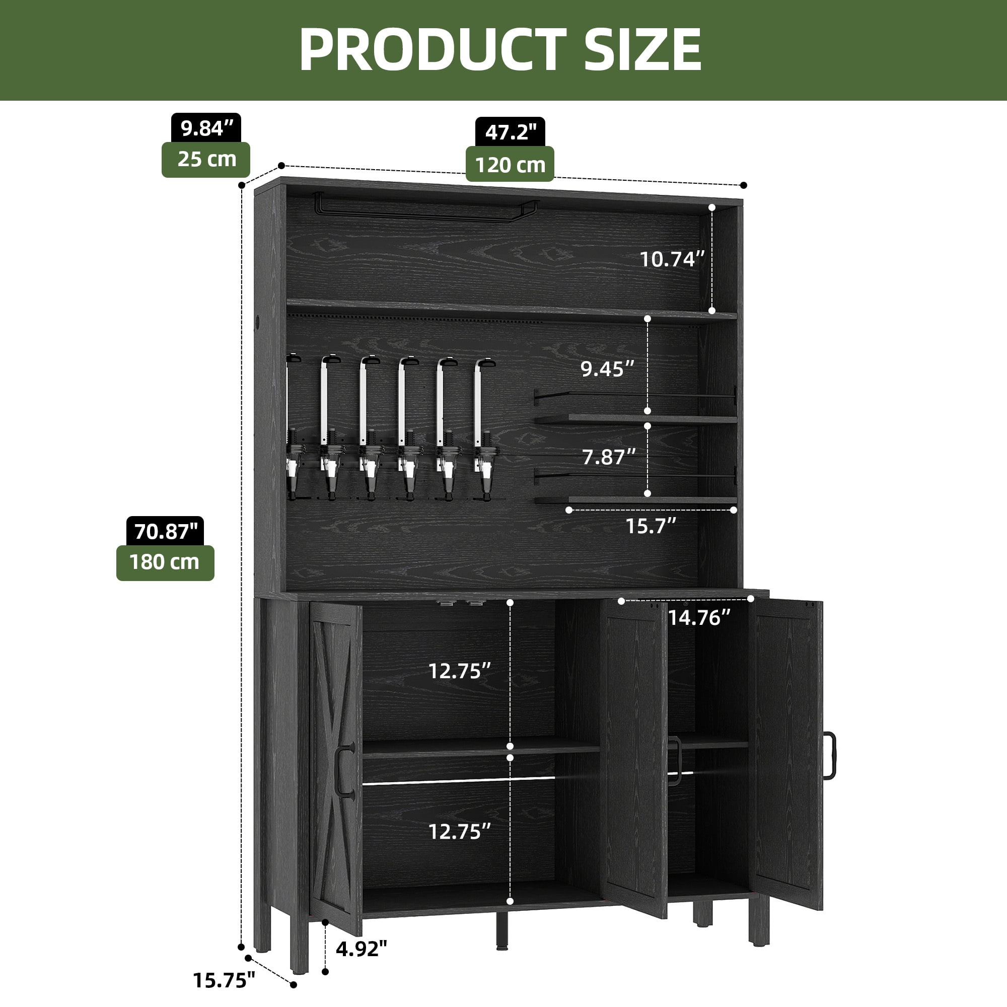 Uforic Bar Cabinet with LED Lights and Wine Rack, Liquor Cabinet with Beverage Dispenser, Black - Image 5