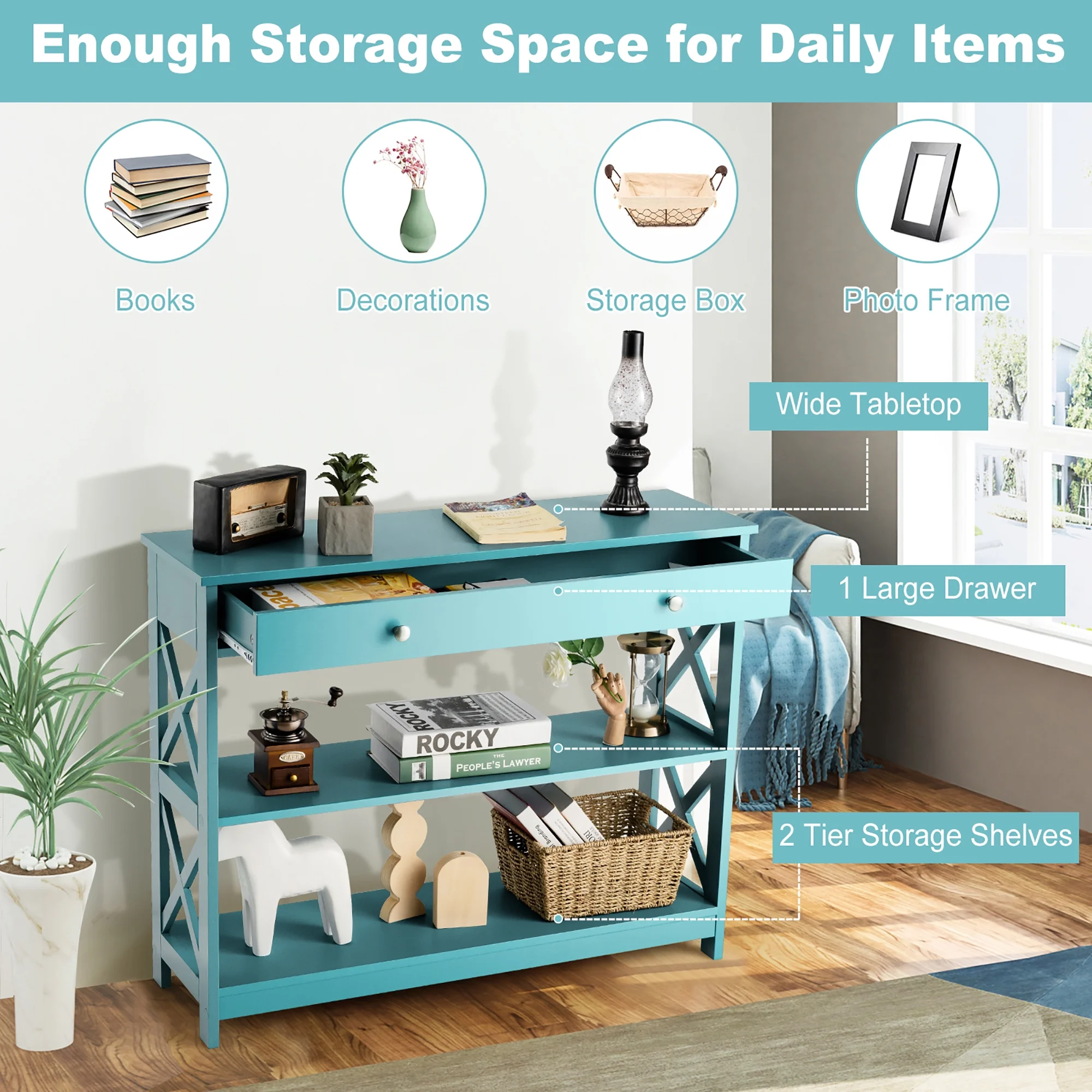 Costway 3-Tier Console Table X-Design Sofa Entryway Table with Drawer & Shelves Turquoise - Image 3