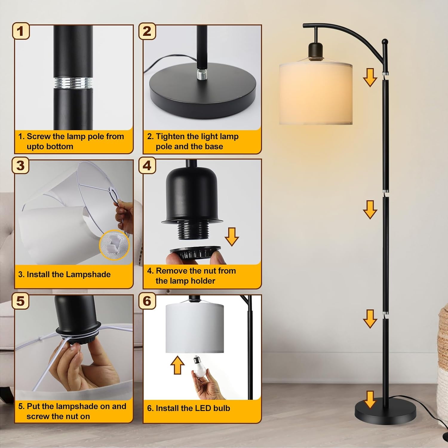 DingLiLighting Arc Floor Lamp Standing Tall Pole Lamp Reading for Living Room, Bedroom, 3 Color Changing, Matte Black with White Lampshade (Bulb included) - Image 5