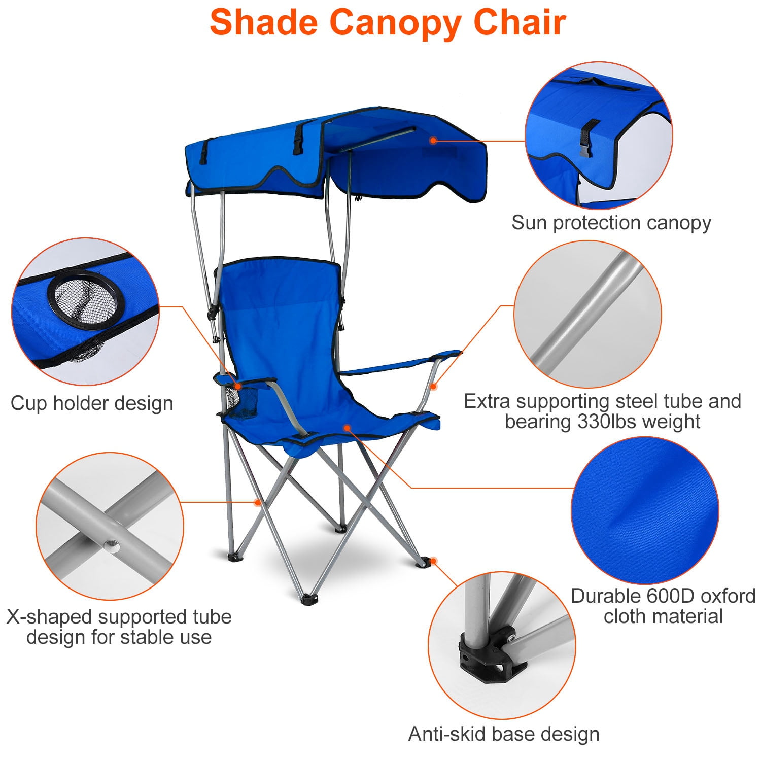 Moclever Portable Camping Chair Foldable Beach Canopy Chair Sun Protection 330lbs Load with Cup Holder for Outdoor Beach Travel, Blue - Image 9