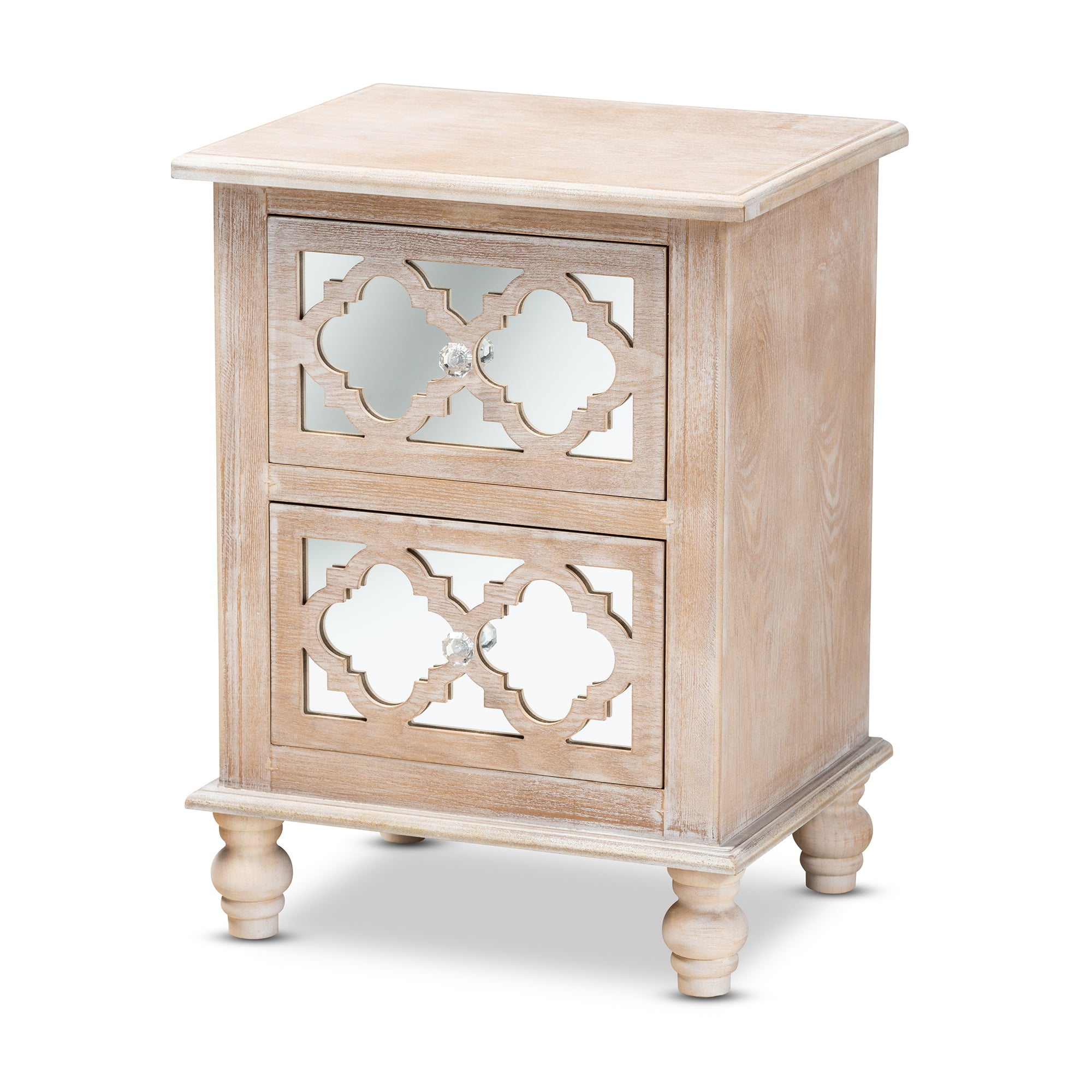 Baxton Studio Celia Transitional Rustic French Country White-Washed Wood and Mirror 2-Drawer Quatrefoil End Table - Image 5