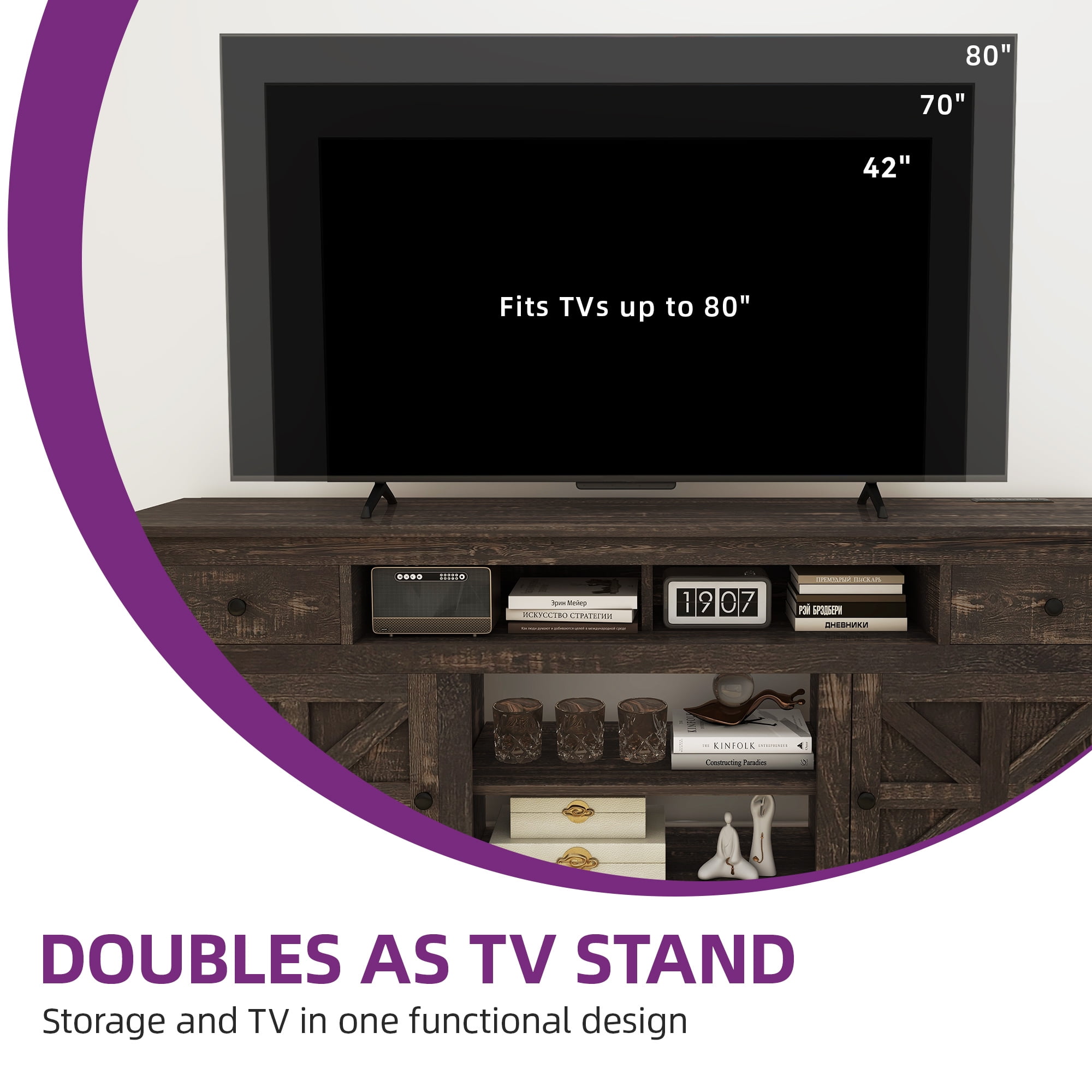 Uforic 70'' Farmhouse TV Stand, Entertainment Center with 2 Shelves, Suitable for TVs up to 80'',Oak - Image 3
