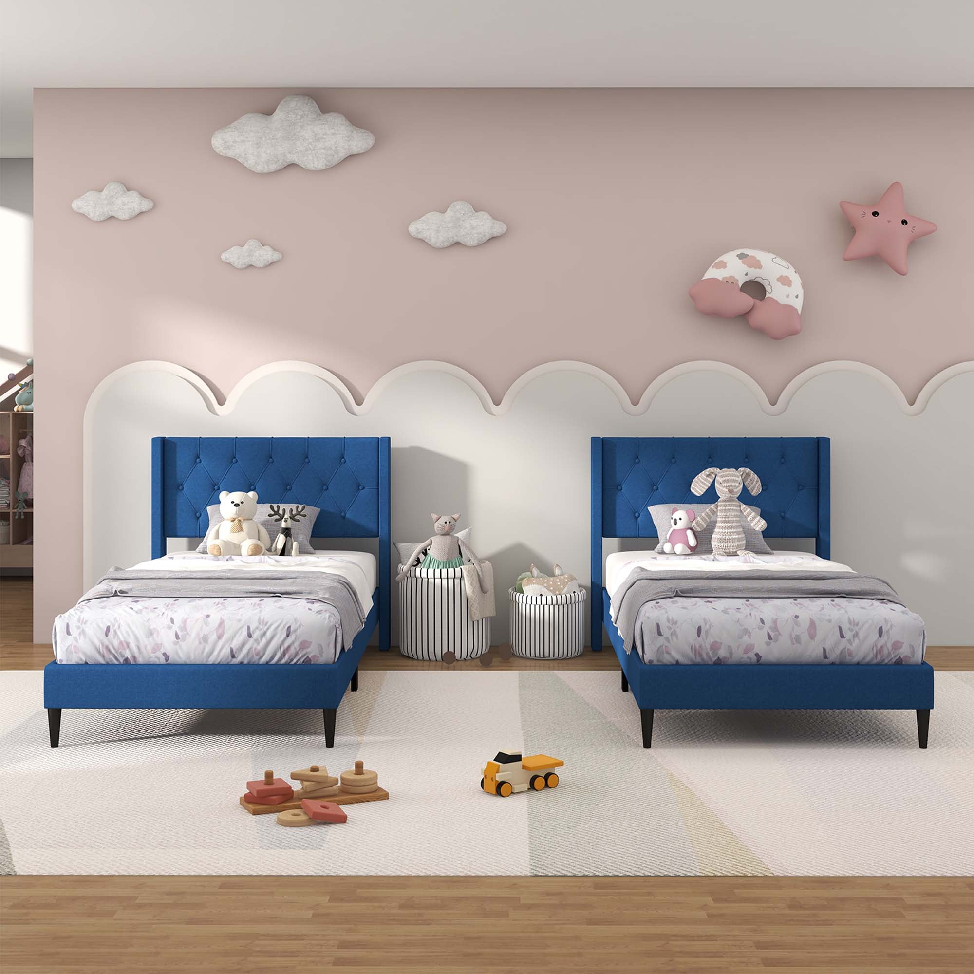 Costway Twin Size Upholstered Platform Bed with Button Tufted Wingback Headboard Blue - Image 7