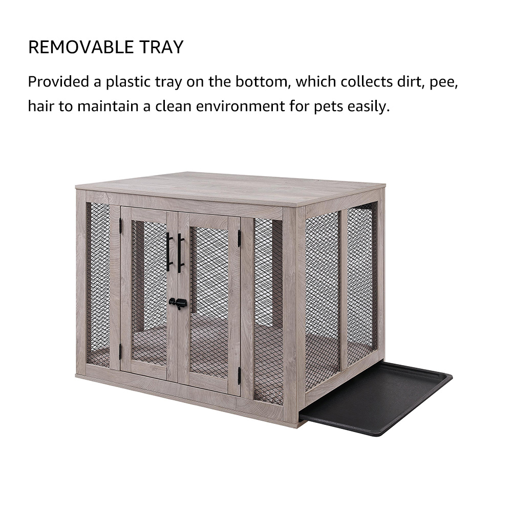 Unipaws Large Dog Crate with Cushion and Tray, Wooden and Metal Net Dog Kennels - Image 6