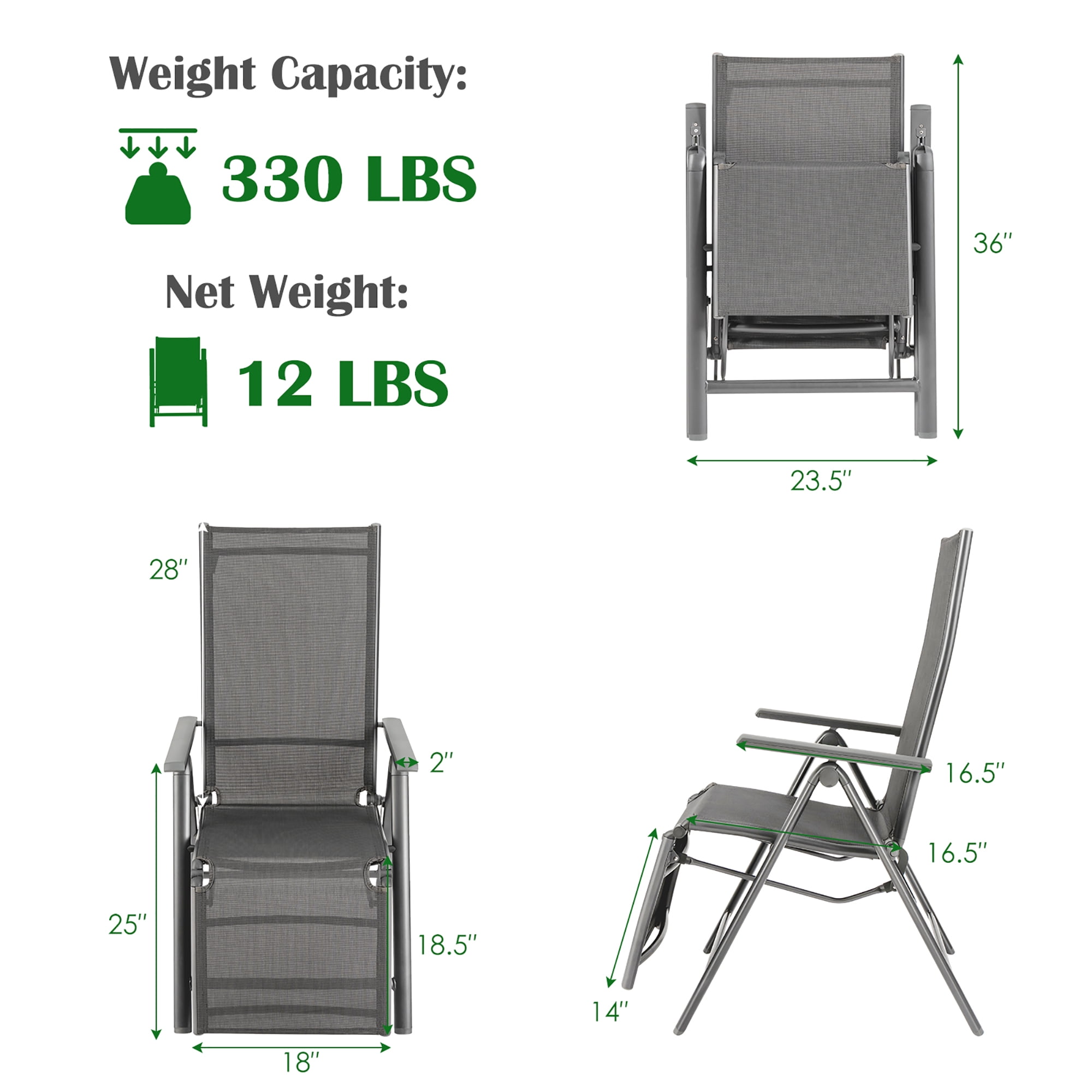 Costway Outdoor Foldable Reclining Chair Aluminum Frame 7-Position Adjustable - Image 3