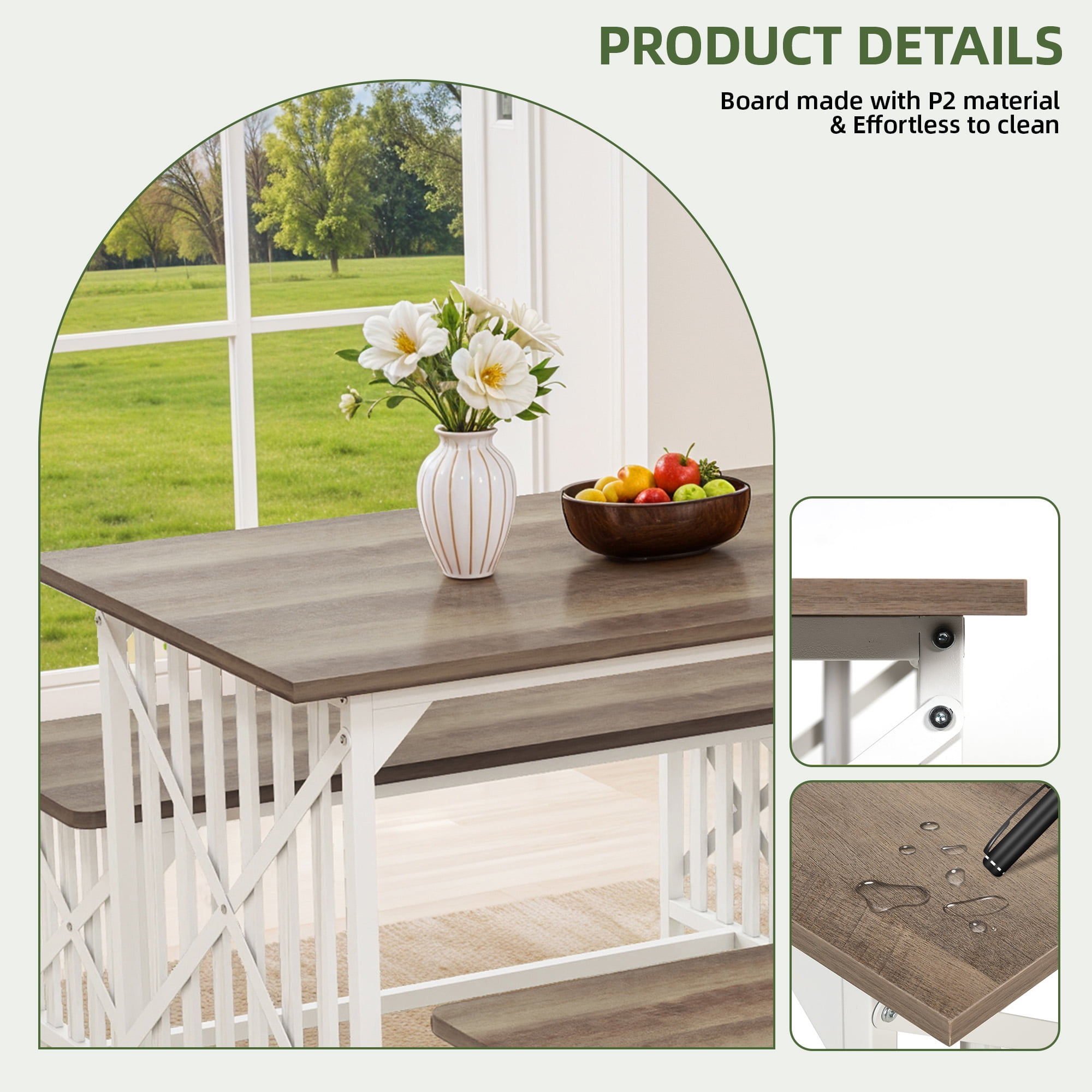 Uforic 3-Piece Dining Table Set for 4 People, Industrial Kitchen Table Set with 2 Bench, 47 " Rectangular Dining Table and Dining Bench with Metal Frame, Brown - Image 6