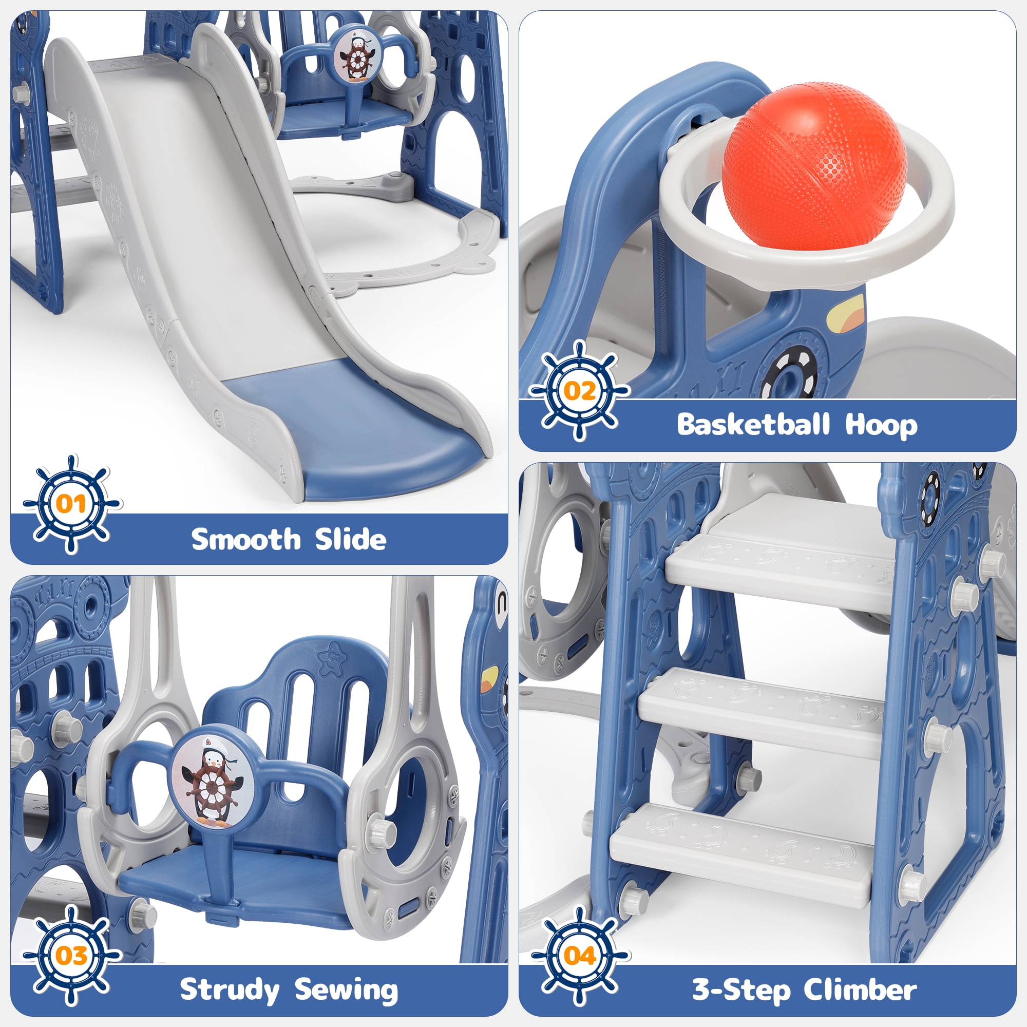 Easoger 4 in 1 Toddler Swing and Slide Unisex Child & Teen Swing Sets, Blue, 110 lb - Image 7