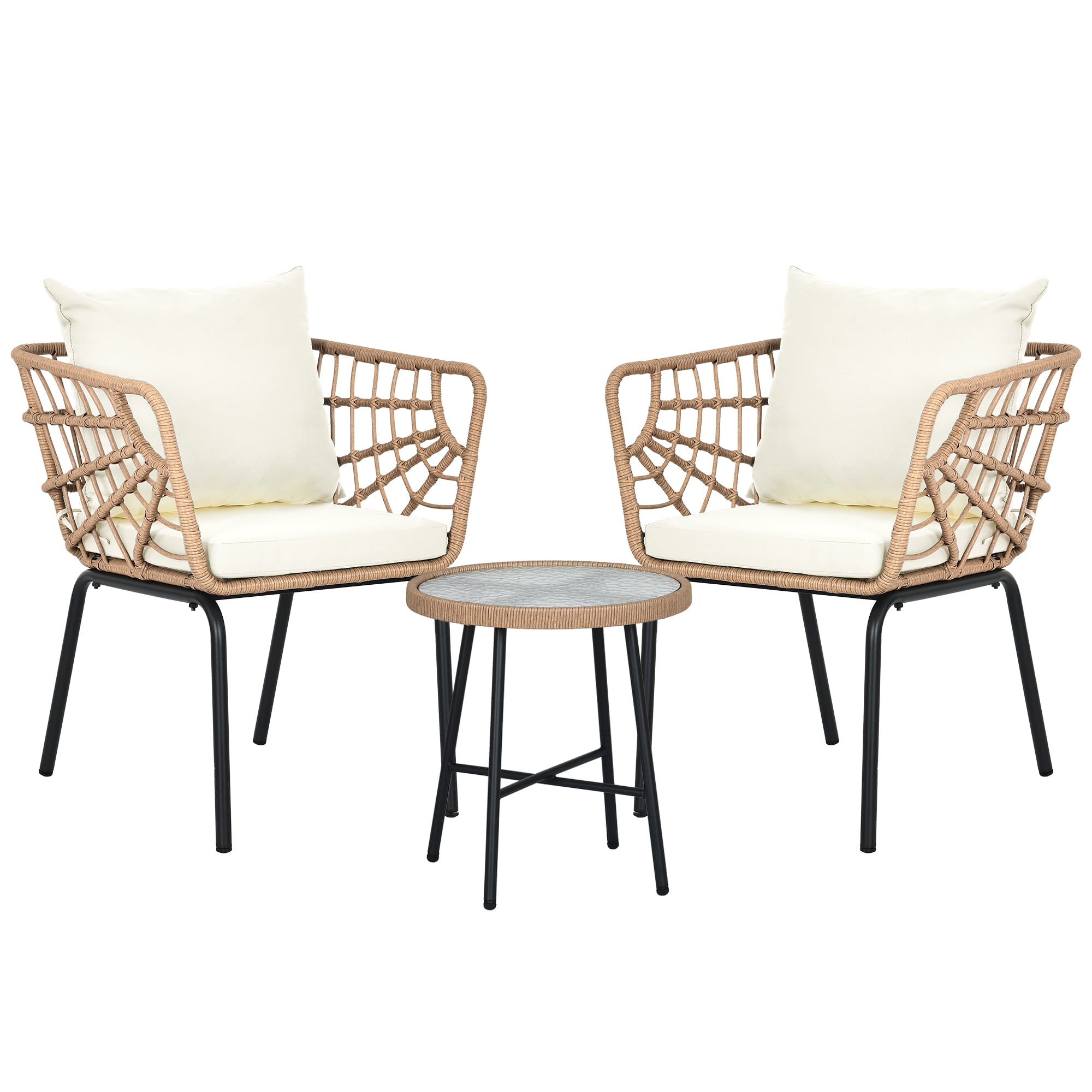 Dextrus 3-Piece Outdoor Patio Furniture Wicker Bistro Set, With 2 Chairs and Coffee Table,Cushions and Lumbar Pillows-Beige - Image 4