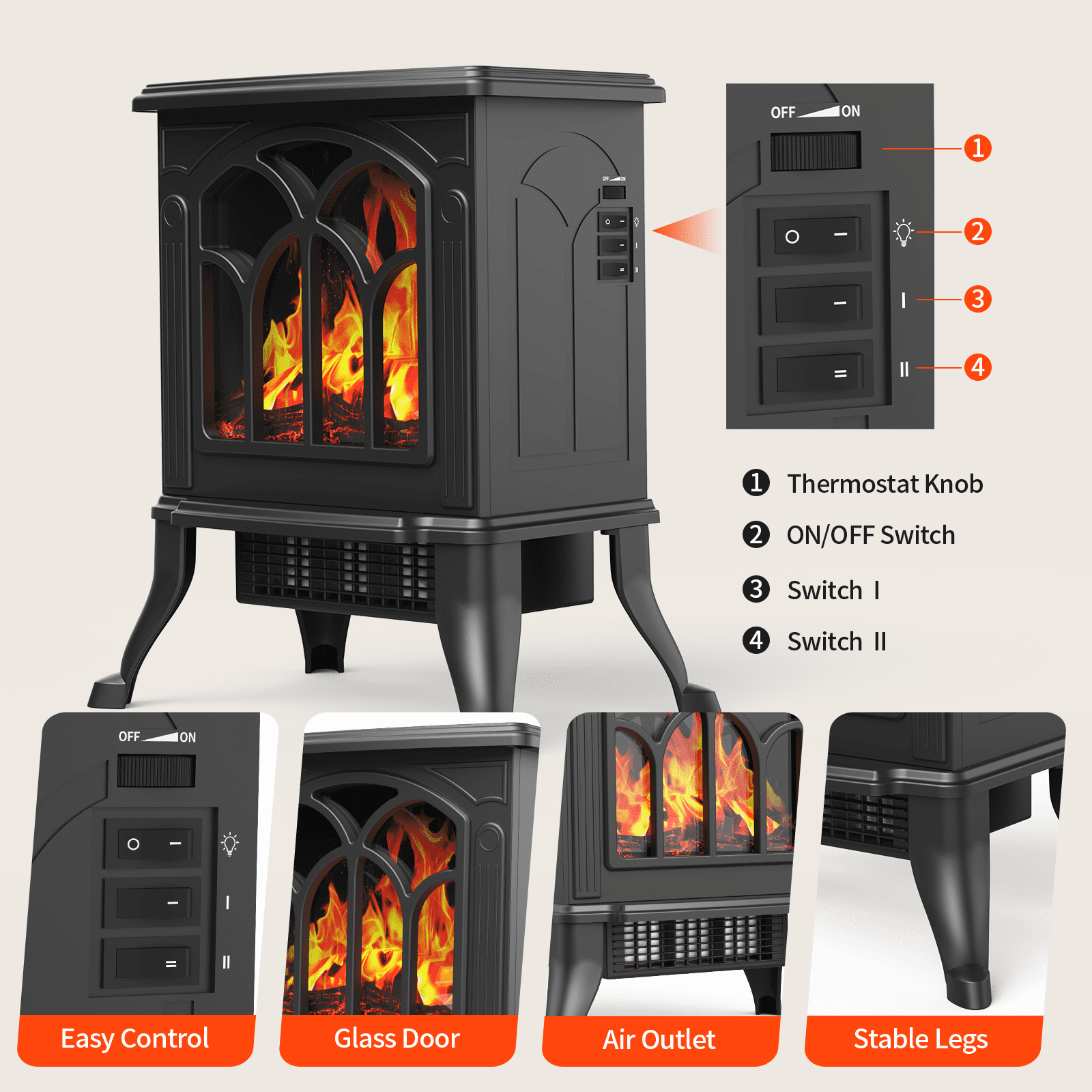 SUGIFT Electric Fireplace Infrared Stove Heater, Freestanding Fireplace Heater, 750W/1500W, Black - Image 7