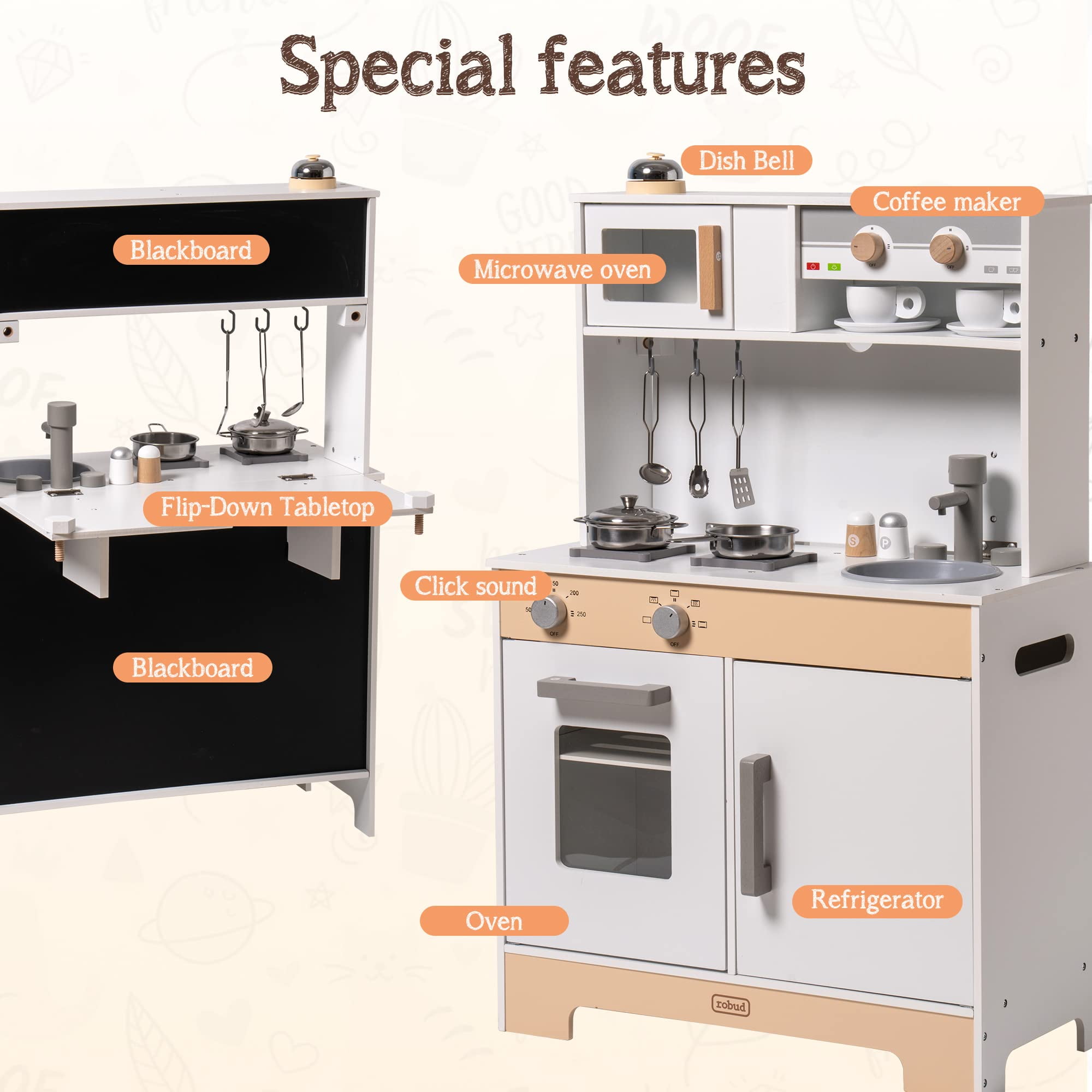 Robud Play Kitchen Set Pretend Play,3 in 1 Wooden Kitchen Playset,with Blackboard Classic Style with Theme Stickers for Boys Girls - Image 2