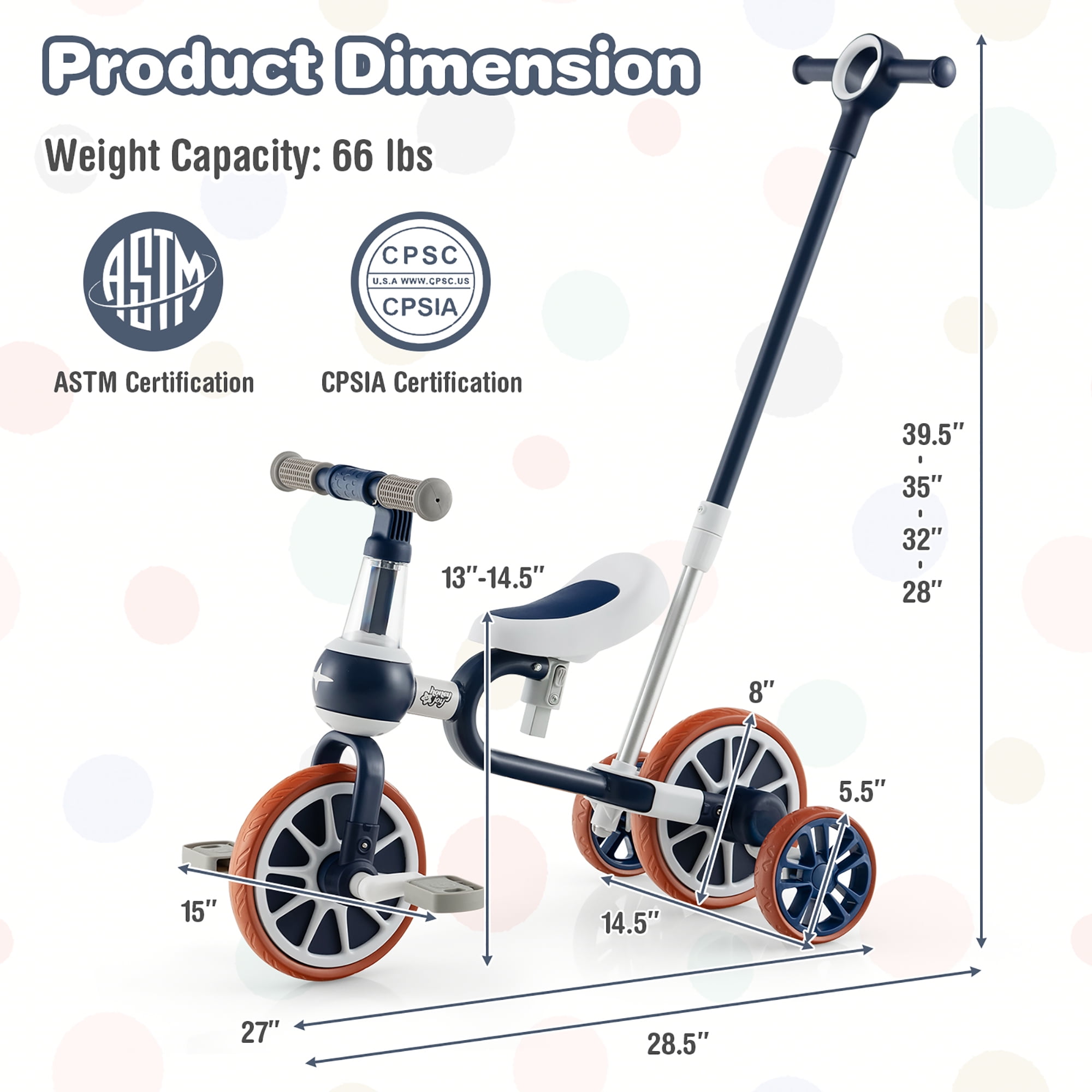 Honeyjoy 4 in 1 Kids Tricycles with Push Handle & Training Wheels Baby Balance Bike Navy - Image 3