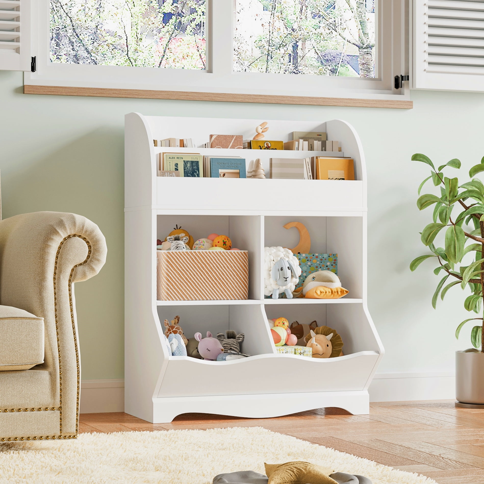 Homfa Kids Bookcase with Book Rack, Wood Cube Toy Storage Cabinet with 4 Bins for Kidsroom Playroom, White - Image 3
