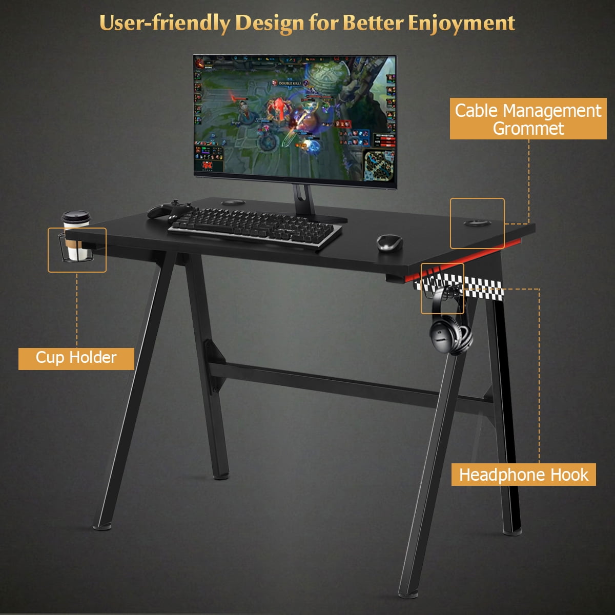 Costway Gaming Desk Home Office PC Table Computer Desk with Cup Holder & Headphone Hook - Image 11