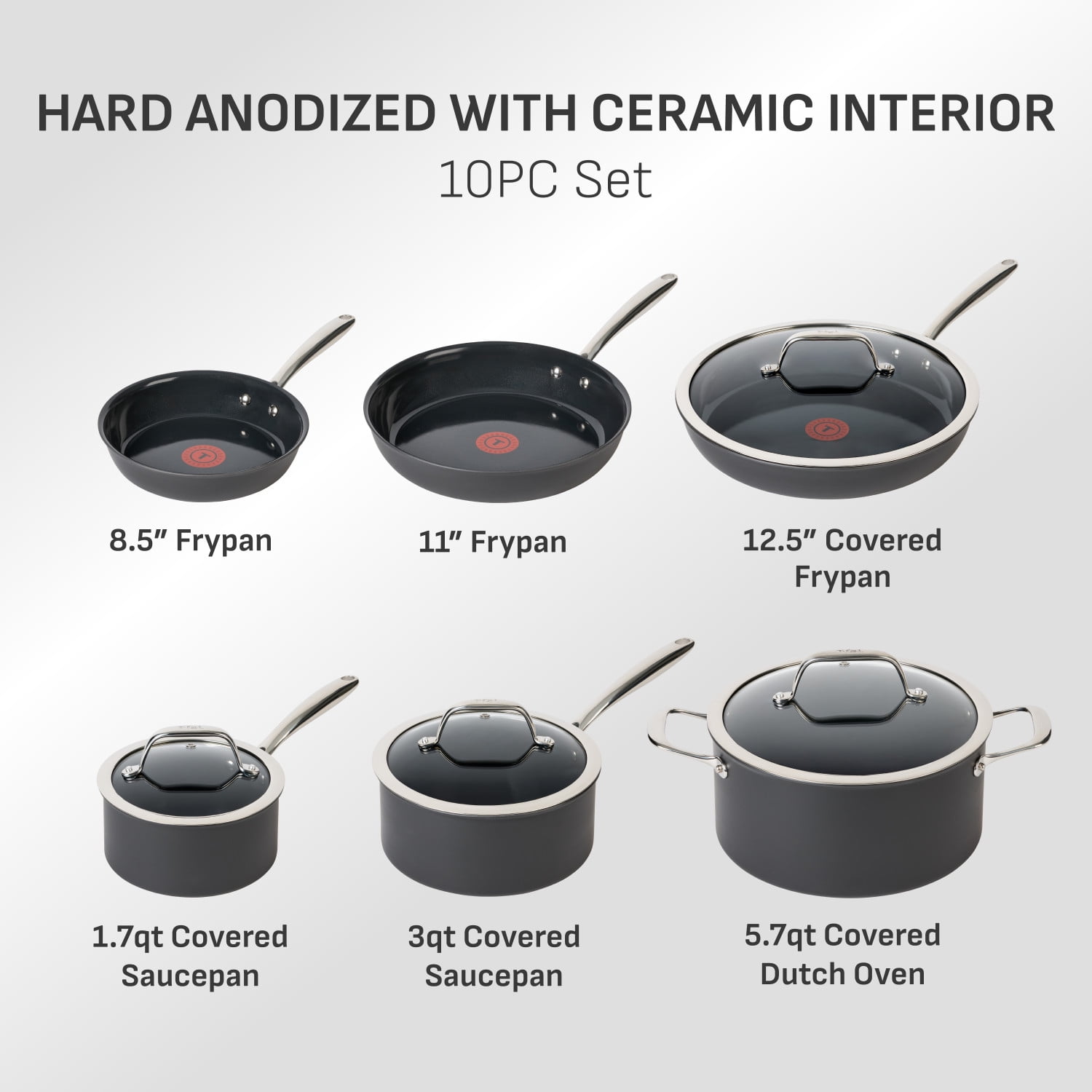 T-fal Hard Anodized with Ceramic Interior, 10 Piece Cookware Set, Black - Image 9