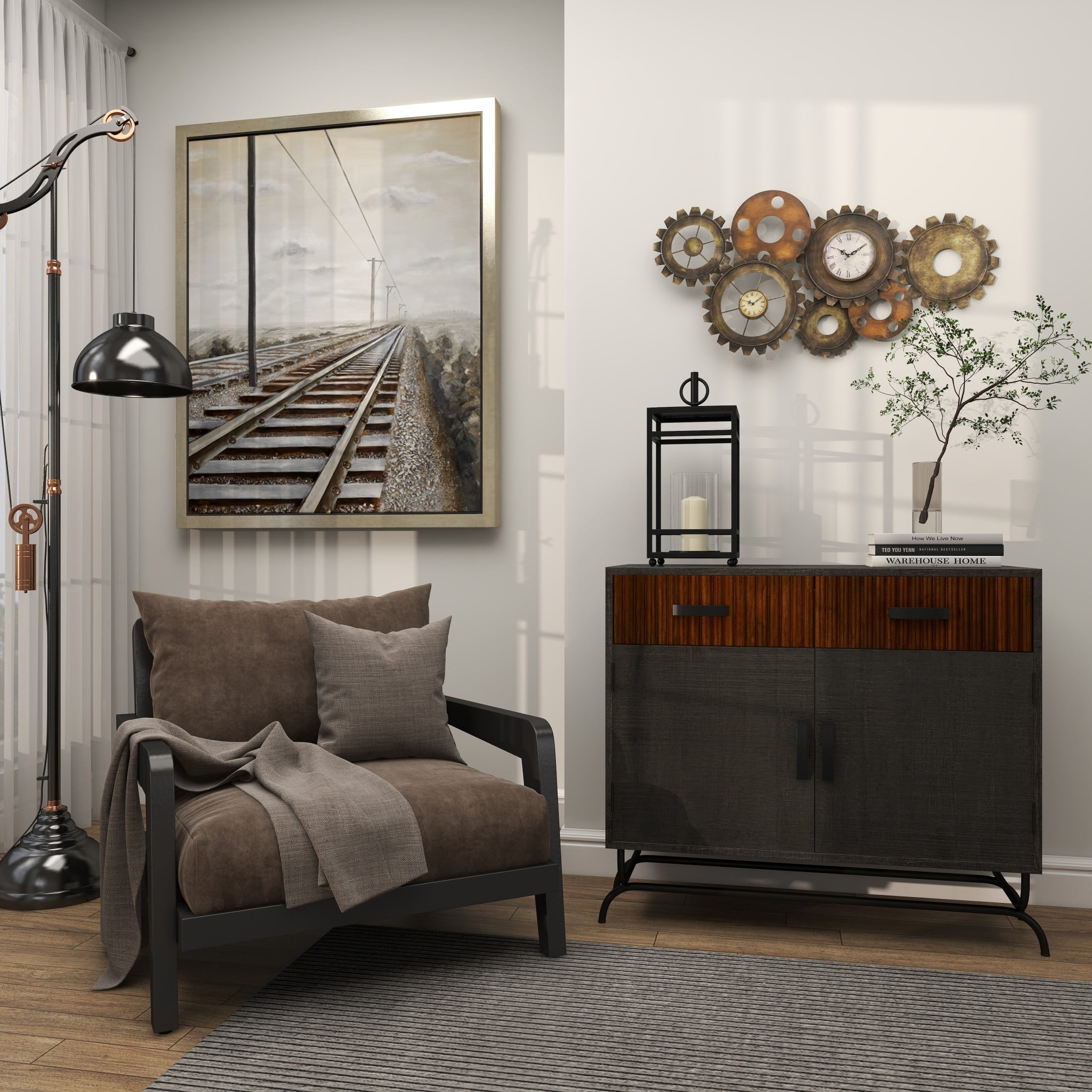 DecMode 34" x 17" Brown Metal Gear Vintage Weathered Dual Wall Clock - Image 5