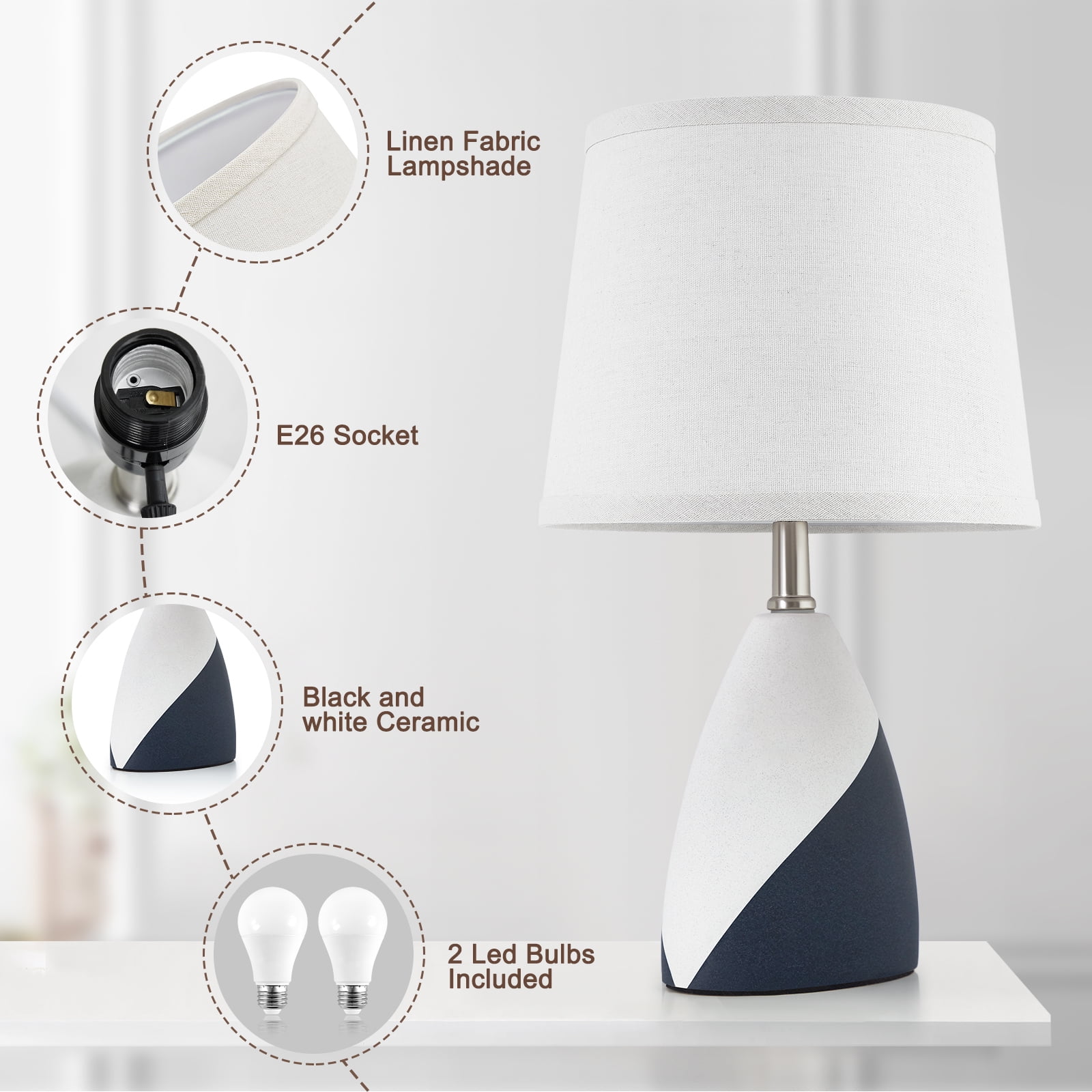 NATYSWAN Modern Ceramic Table Lamps Set of 2, 3 Way Dimmable Bedside Nightstand Lamp for Living Room Bedroom,19" Black White Classic - Image 5