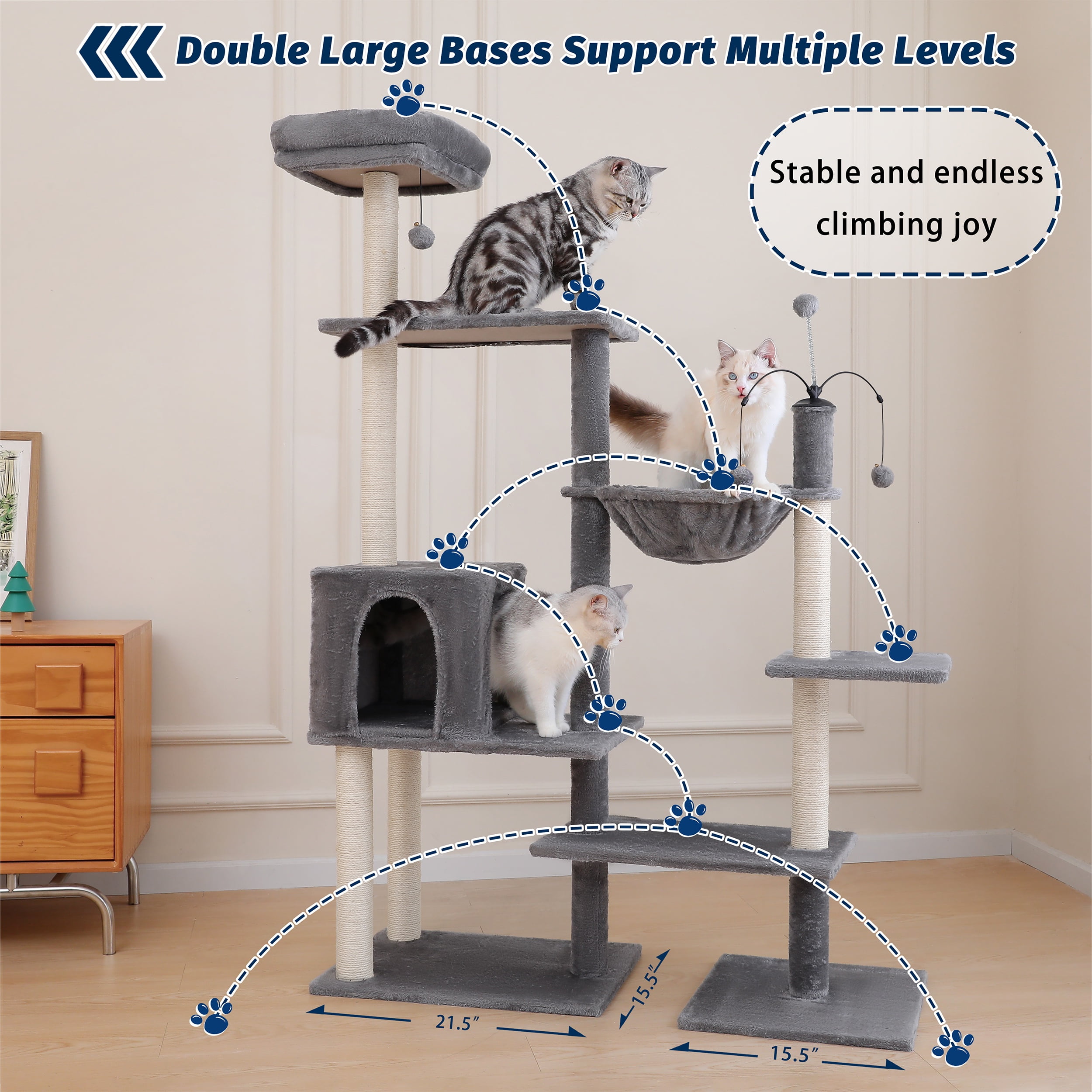 Vibrant Life 64” Multiple Level Cat Tree Tower with Condo and Hammock, Gray - Image 5