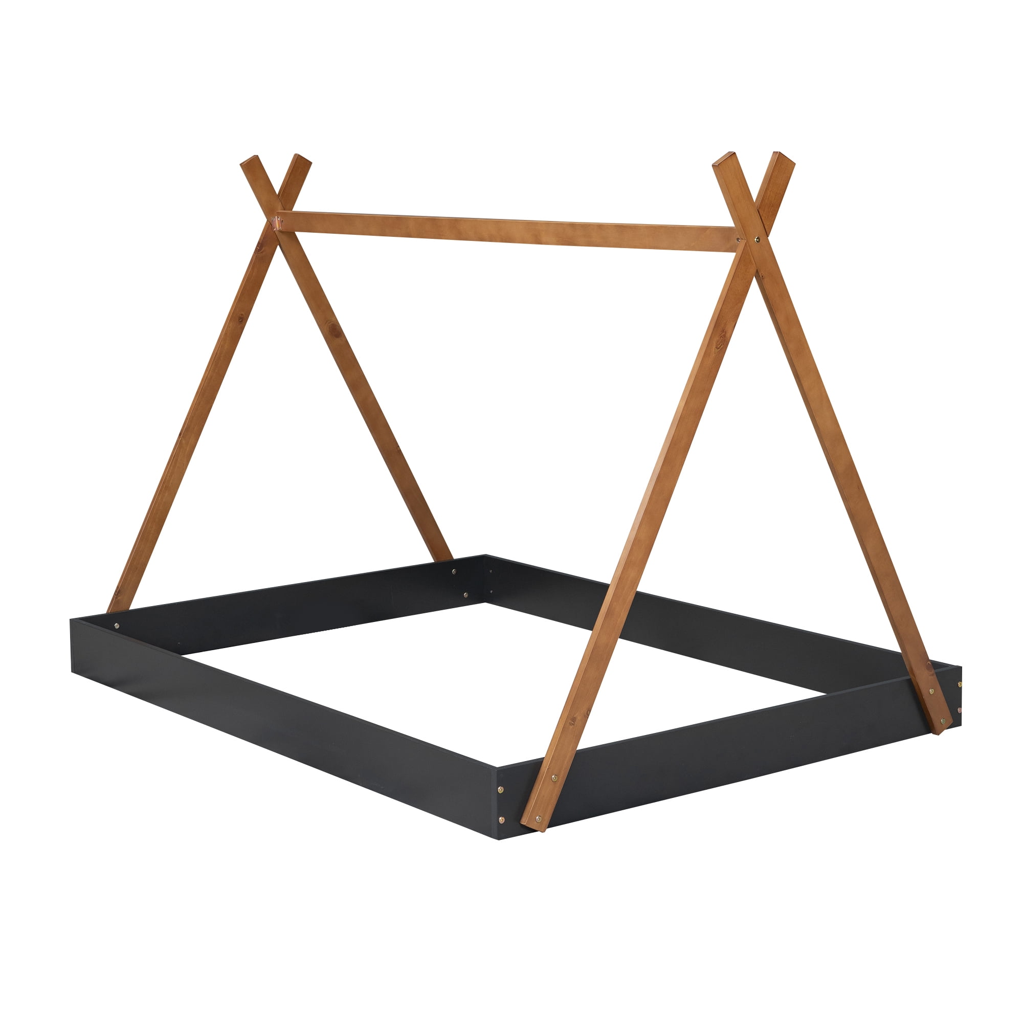 Euroco Modern Wood Full Size Tent Floor Bed, x-Shaped House Bed for Kids, Wood Triangle Canopy Bed, Natural - Image 9