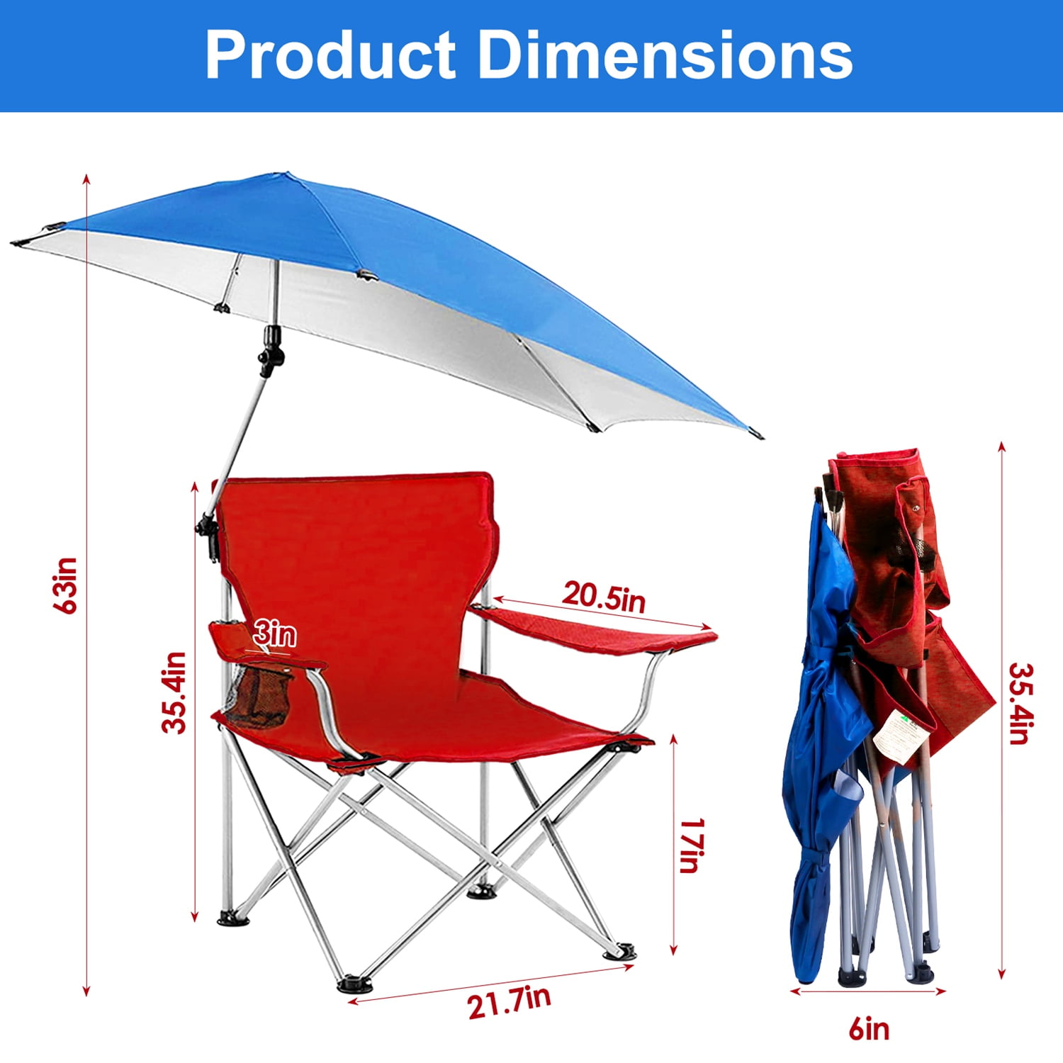 TeqHome Camping Chair with Canopy Shade Folding Beach Chair Support 220lbs with Adjustable Arm Cup Holder Detachable Umbrella Red - Image 8
