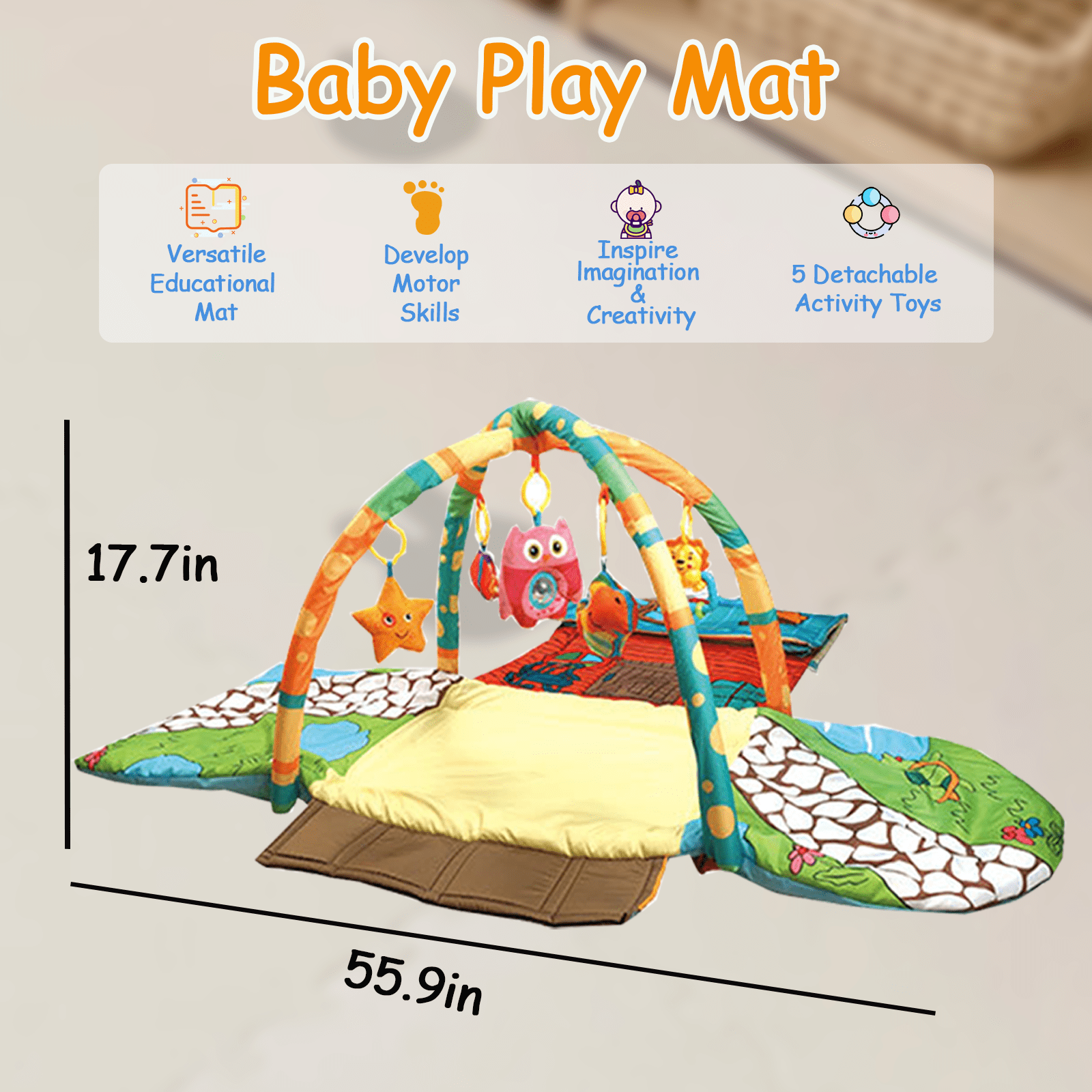 Baby Play Gym Mat,Tummy Time Mat with 5 Detachable Toys,Easy to Install & Clean Baby Activity Mat,Gift for Newborn Essentials, Promote Visual, Hearing, Touch for Baby to Toddler - Image 2