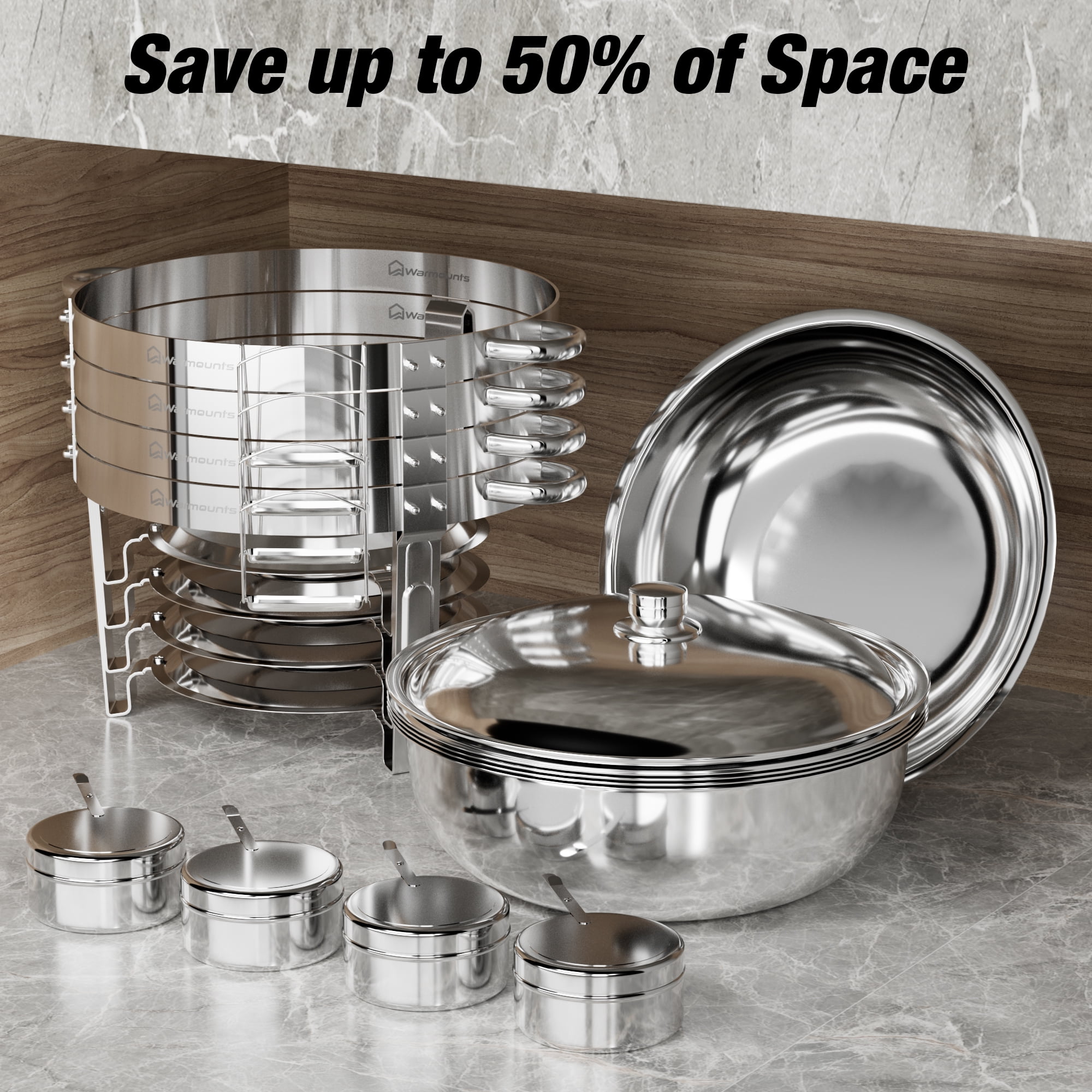 WARMOUNTS Round Chafing Dish Buffet Set 4 Pack, 5QT Polished Stainless Steel Chafing Dish, Buffet Servers and Warmers Set with Lid & Holder for Party, No Finger Cuts - Image 3