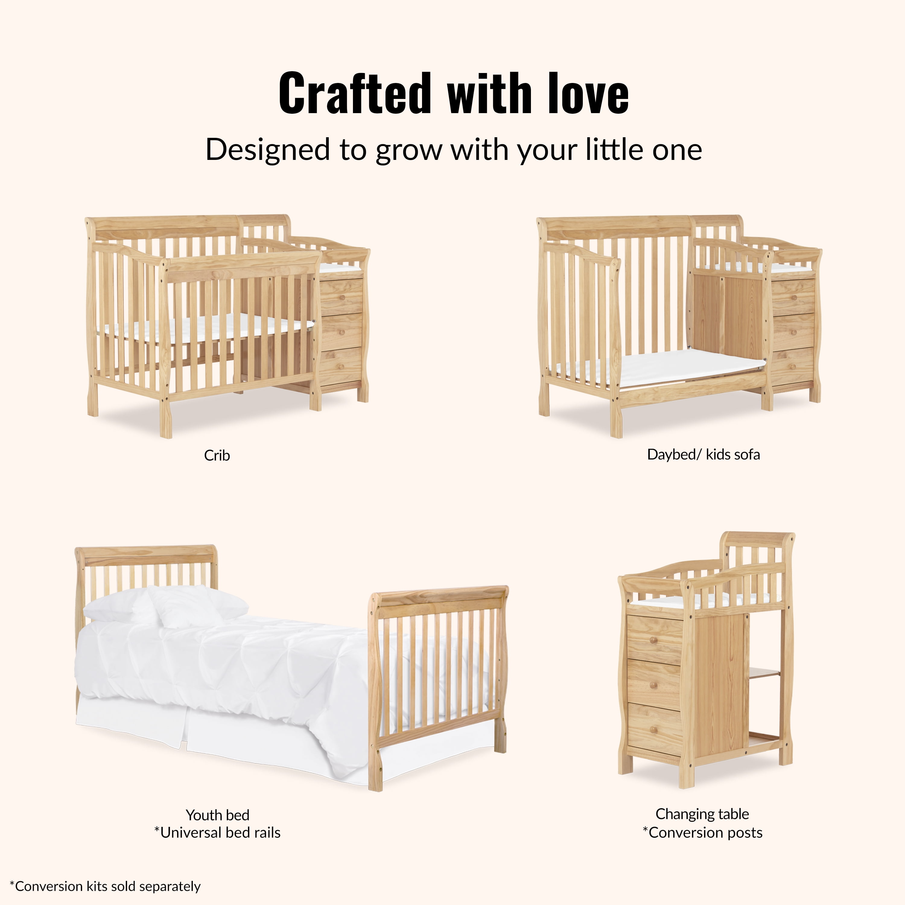 Dream On Me Jayden 4-in-1 Convertible Mini Crib with Changer Natural - Image 2