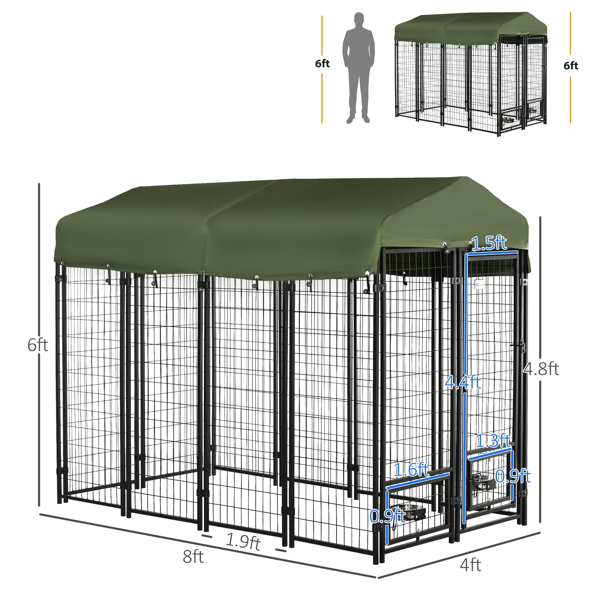PawHut 8' x 4' x 6' Outdoor Dog Kennel with Rotating Bowl Holders, Walk-in Pet Playpen, Welded Wire Steel with Water and UV-Resistant Canopy, Green - Image 4