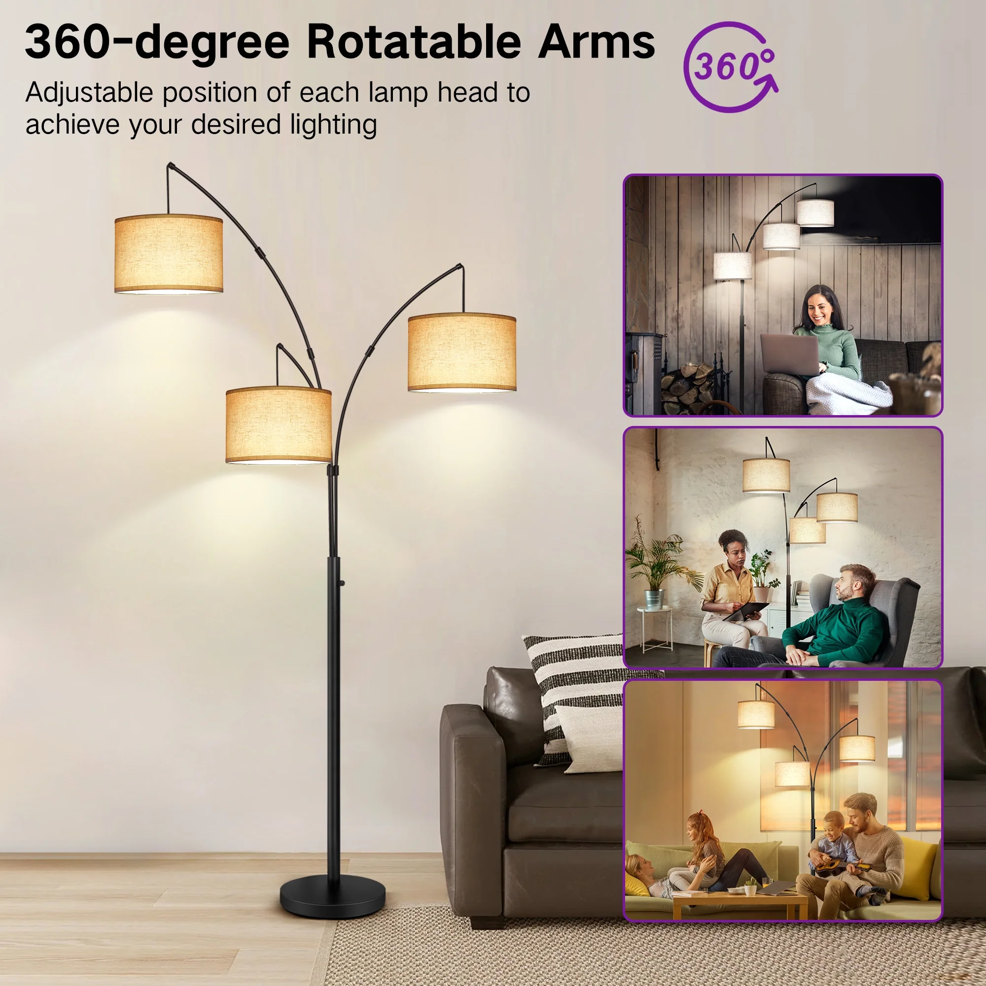 OUTON 3 Light Floor Lamp, 80" Mordern Standing Lamp with Linen Lamp Shade, Arc Floor Lamp for Living Room, Bedroom, Office, 3 Bulbs Includes(Black) - Image 7