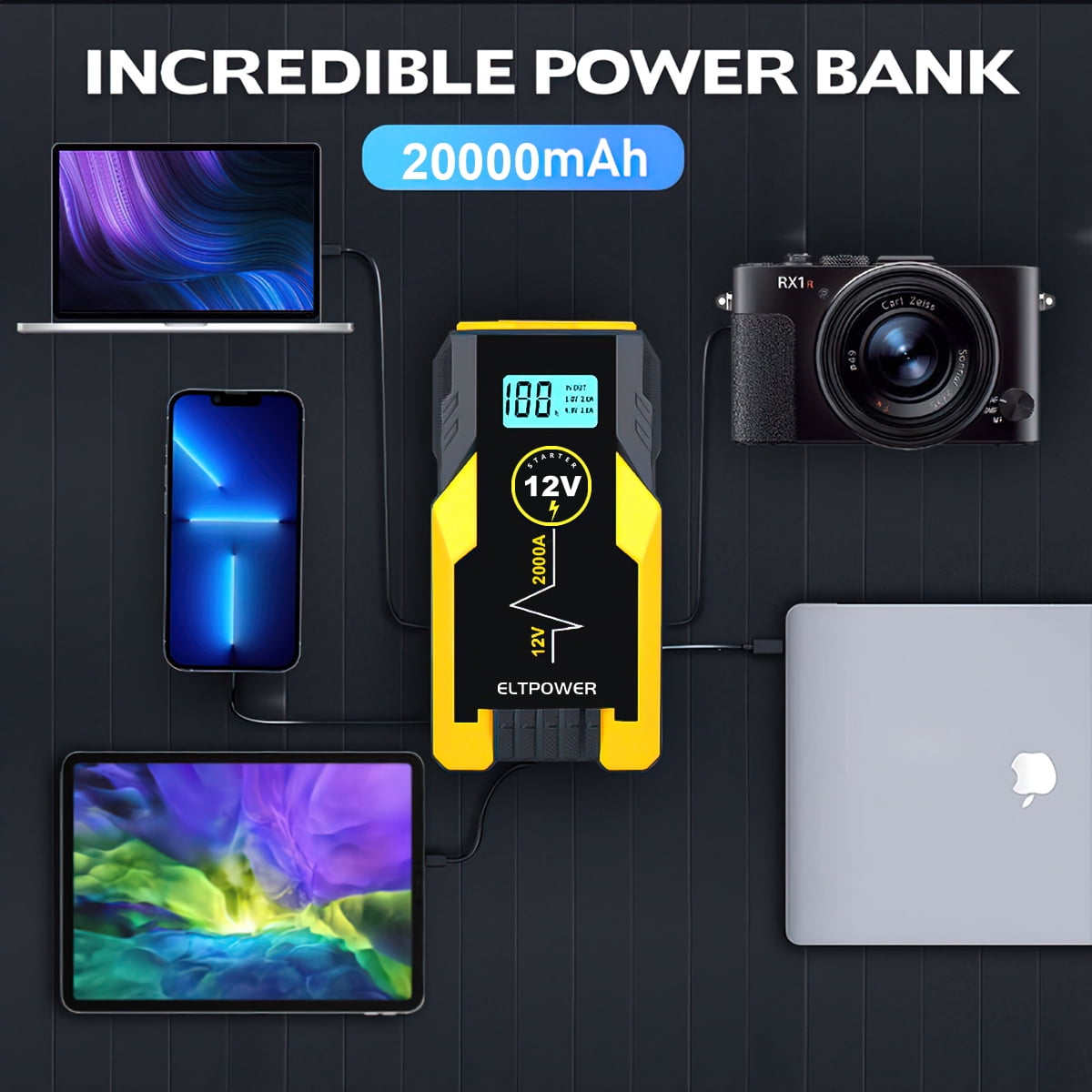 Cheelom 2000A Car Battery Jump Starter, Portable Car Jump Starter with Dual USB Quick Charge and DC Output, 12V Jump Pack with Built-in LED Bright Light, Yellow - Image 5