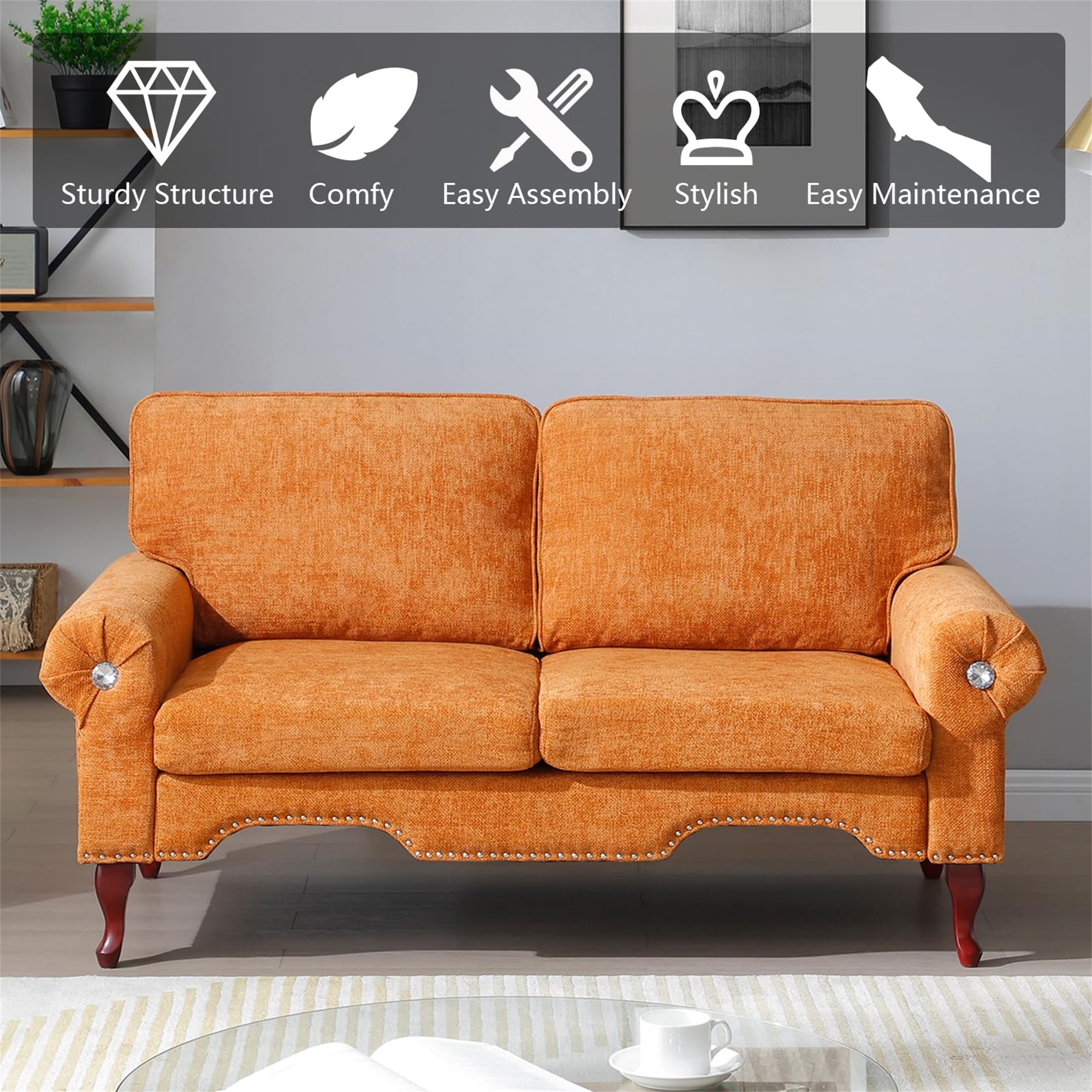 Aukfa 66" Small Sofa Deep Seat Couch with Crystal Button&Copper Nail, Roll Arm, Linen, Orange - Image 2