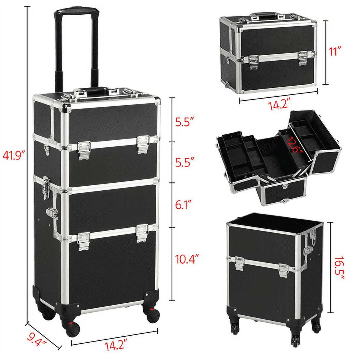 4 360-degreed Wheels 3-in-1 Professional Aluminum Artist Rolling Trolley Makeup Train Case Cosmetic Organizer Makeup Case for Beauty Chains W/shoulder Straps (Black) - Image 3