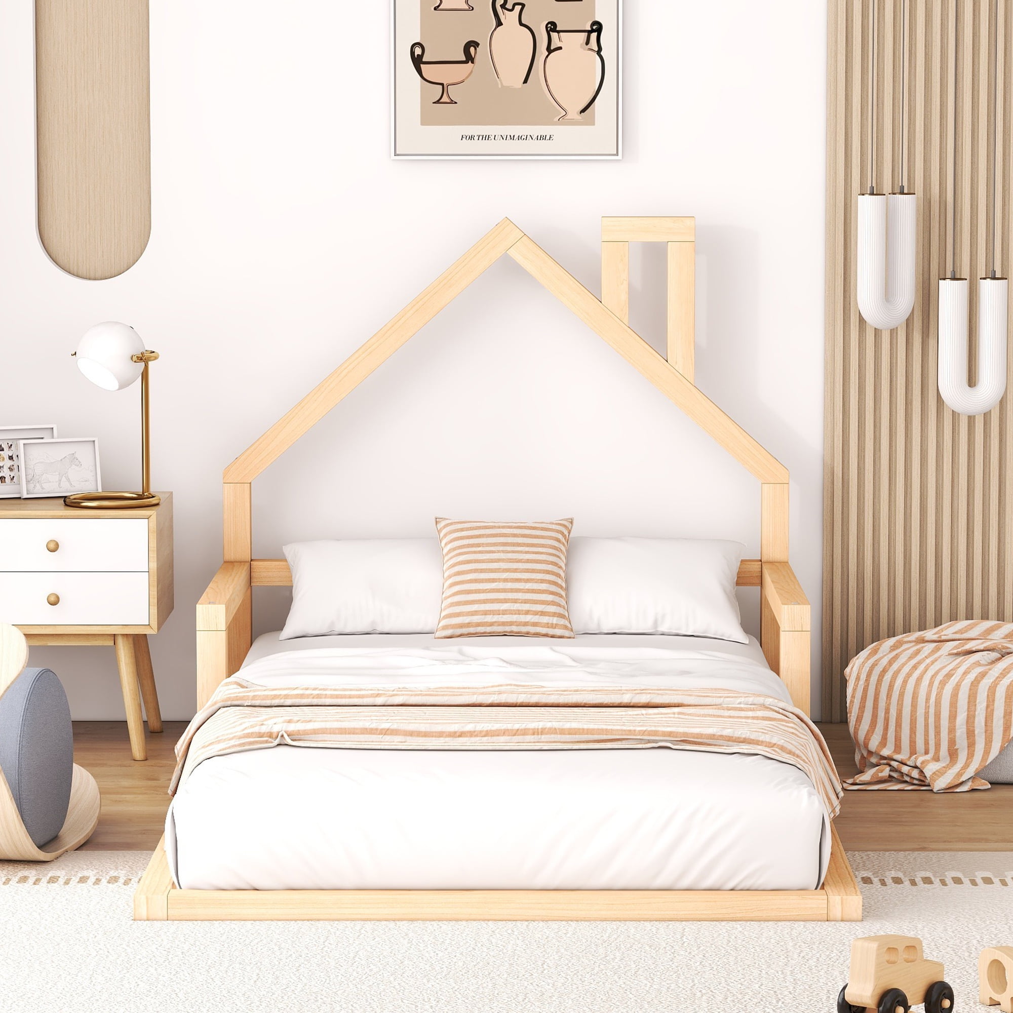 Euroco Twin Size Wood Floor Bed for Kids Room, Toddler House Bed, Natural - Image 10