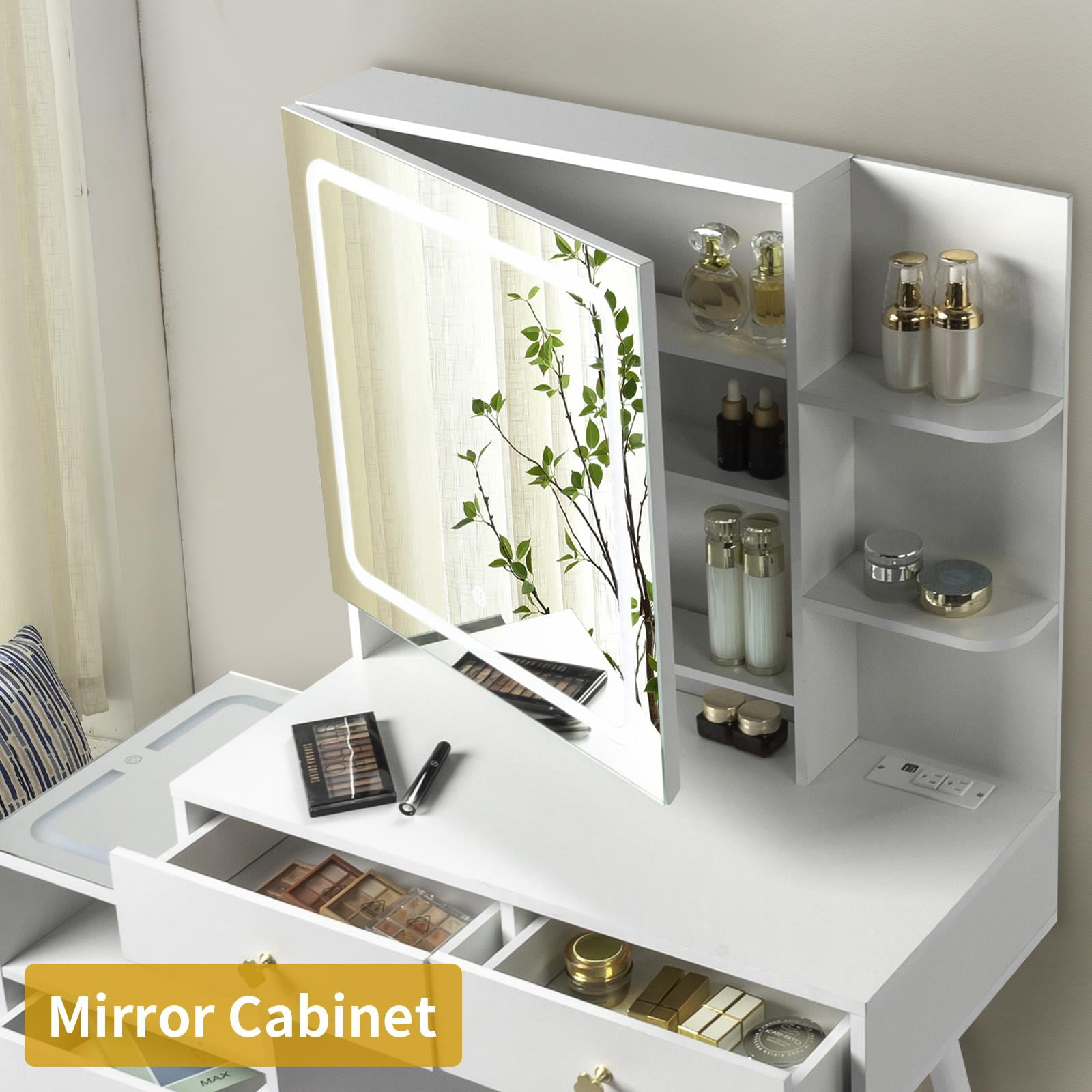 Ktaxon 3 Color Lighted Vanity Table Set, Makeup Table with LED Nightstand, Dressing Table with USB Charging Station, Women, Female Bedroom, White - Image 7