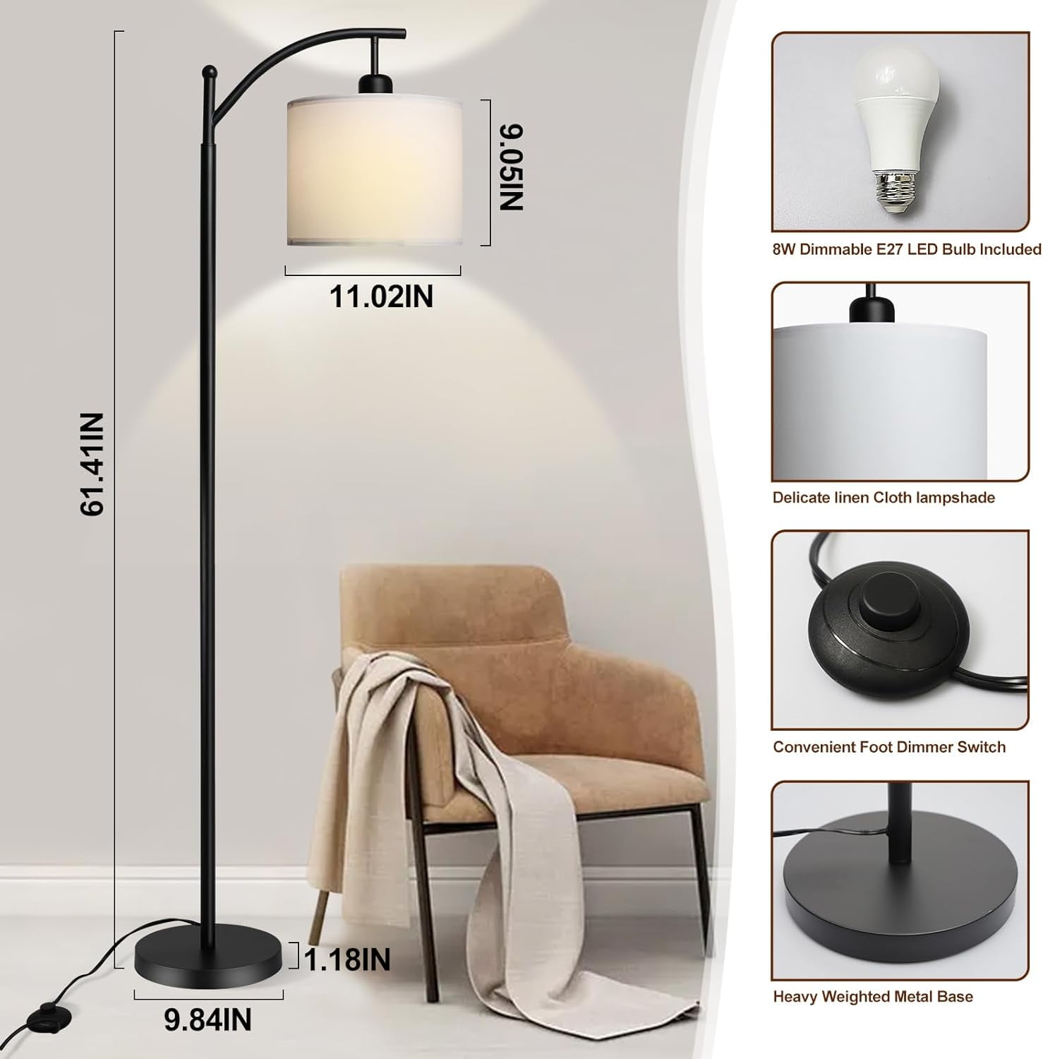 DingLiLighting Arc Floor Lamp Standing Tall Pole Lamp Reading for Living Room, Bedroom, 3 Color Changing, Matte Black with White Lampshade (Bulb included) - Image 2