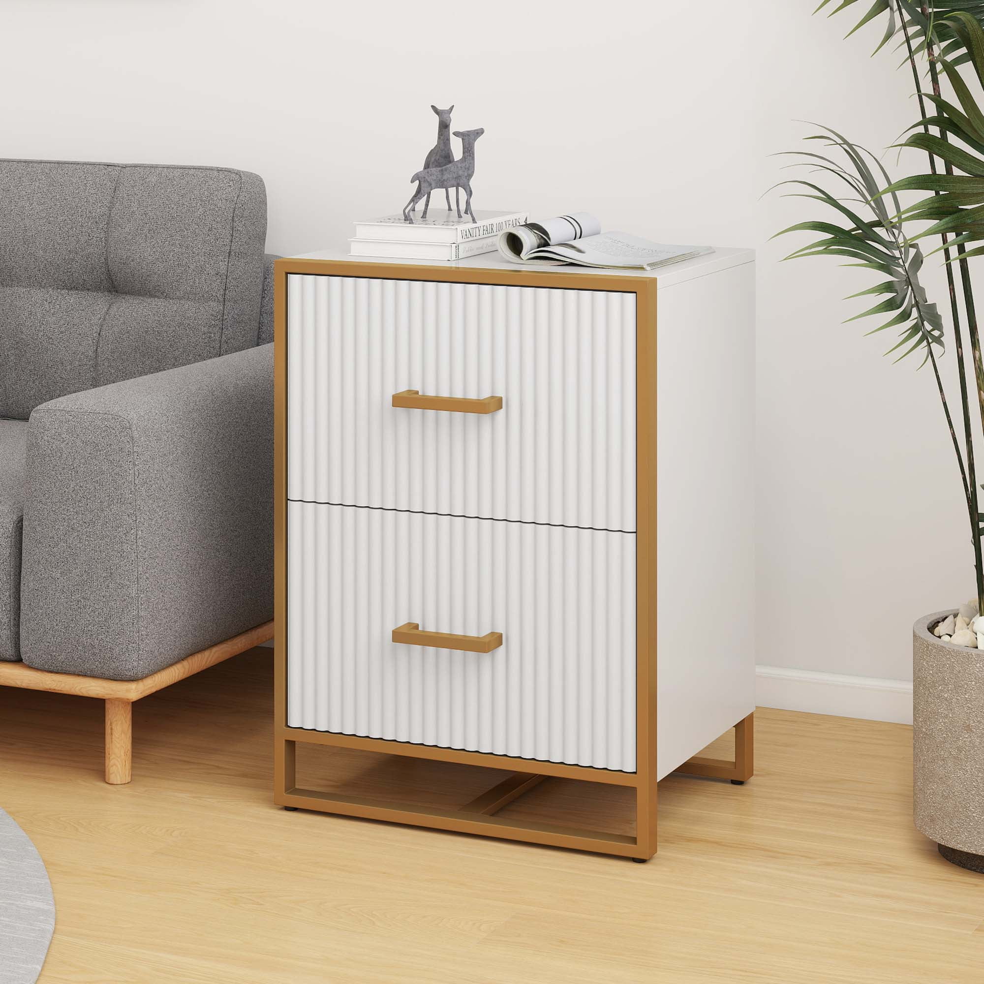 Dextrus 2 Drawer File Cabinet with Metal Legs , Wood Lateral Filing Cabinet Printer Stand Fits A4 Letter Legal Size Files for Home Office, White & Gold - Image 2