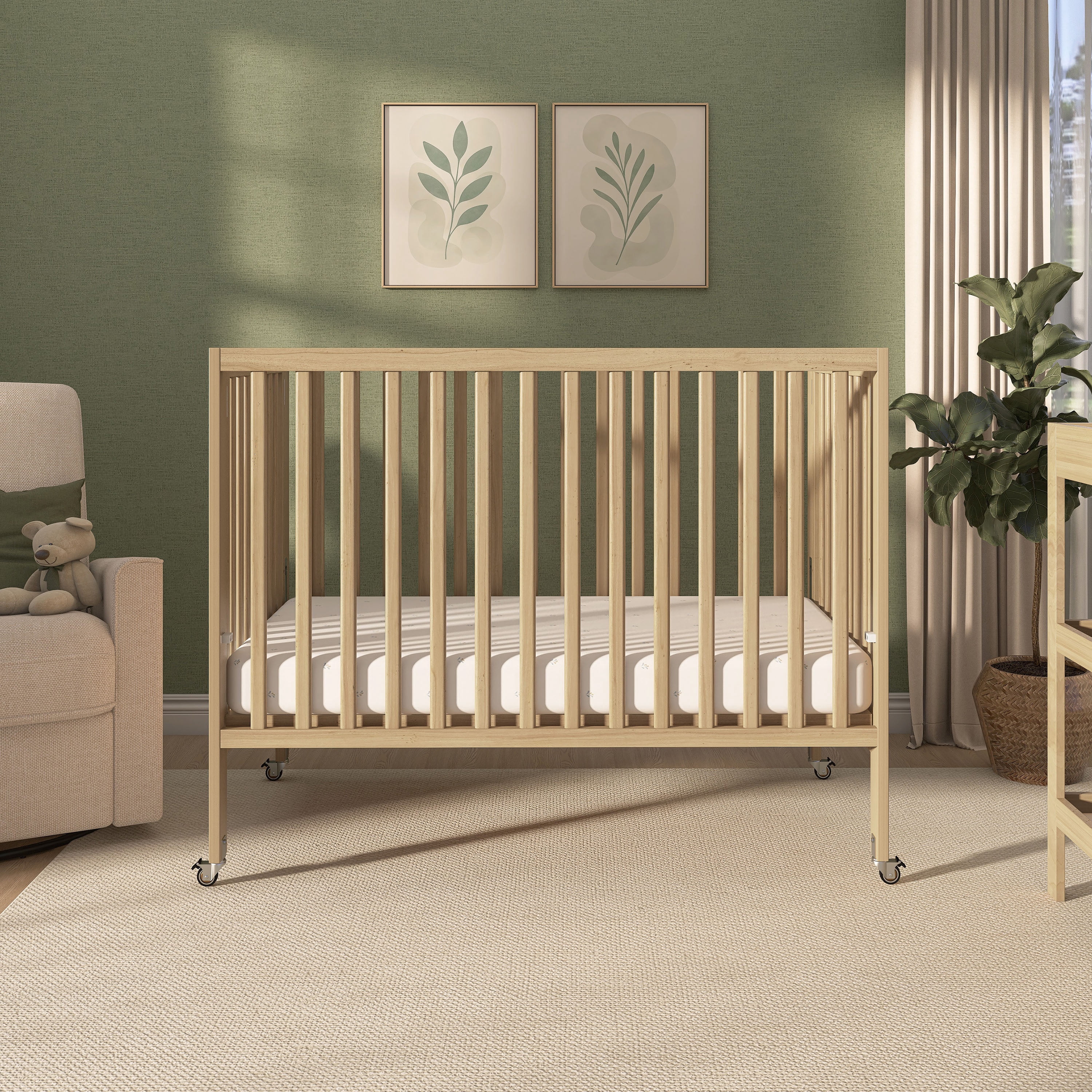 Dream On Me Quinn Full-Size Folding Crib, Removable Wheels, Modern Nursey, Adjustable Mattress Support, Patent Folding System in Natural - Image 3