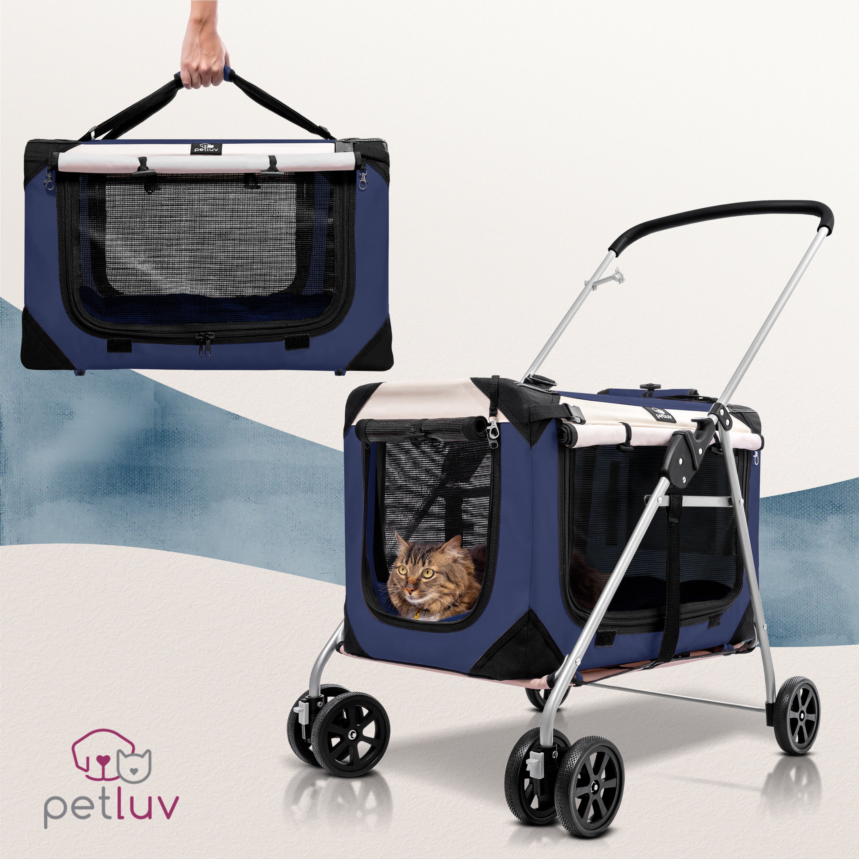 PetLuv Cat and Dog Stroller, Soft Sided Detachable Pet Carrier & Travel Crate, Plush Bed, Locking Zippers, Privacy Windows, Collapsible, Locking Wheels - Image 3