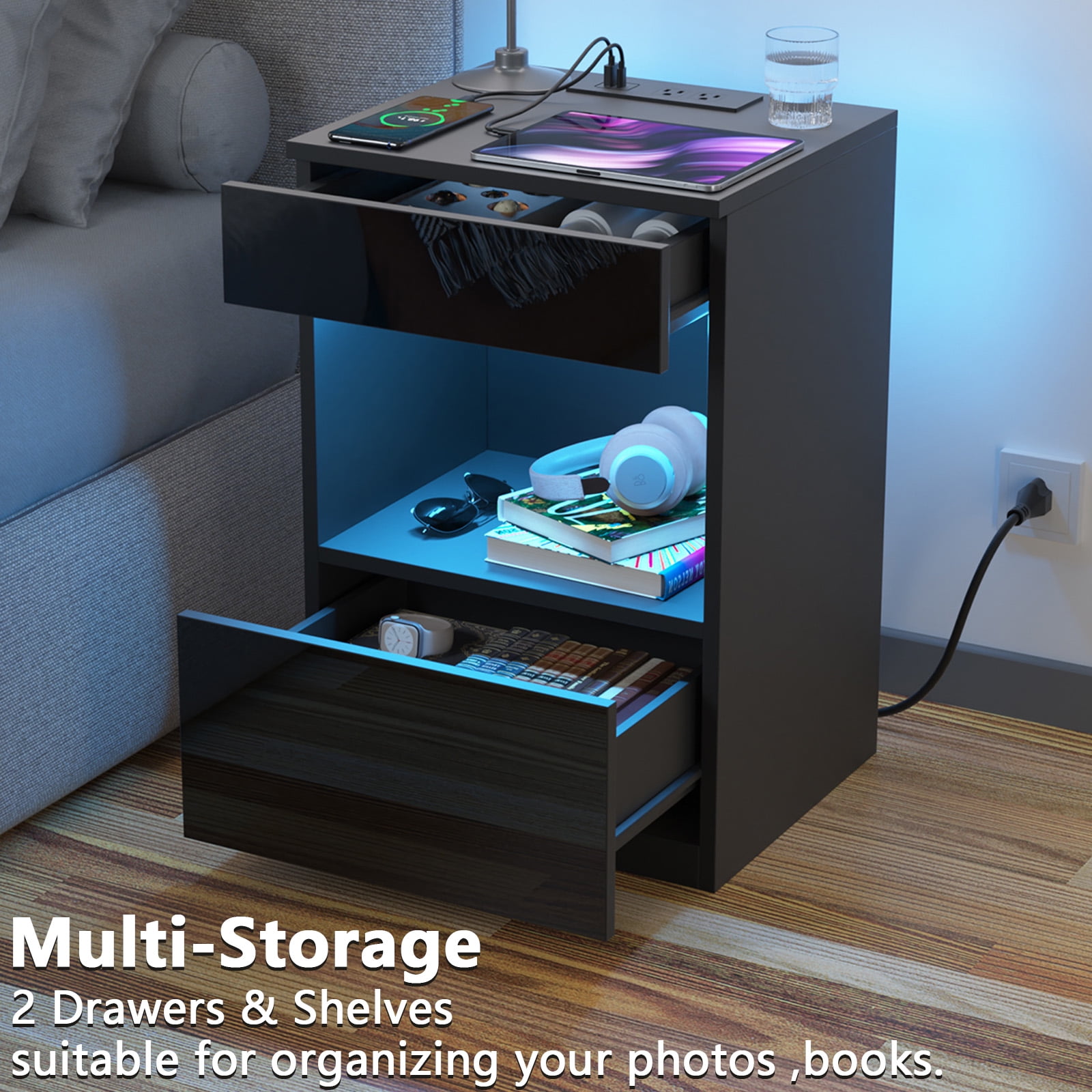 Hommpa Nightstand with Charging Station Nightstands with 2 Drawer Open Shelf Nightstands Black Nightstands High Gloss LED End Table Nightstands for Bedroom Living Room Furniture 23.6" Tall - Image 4