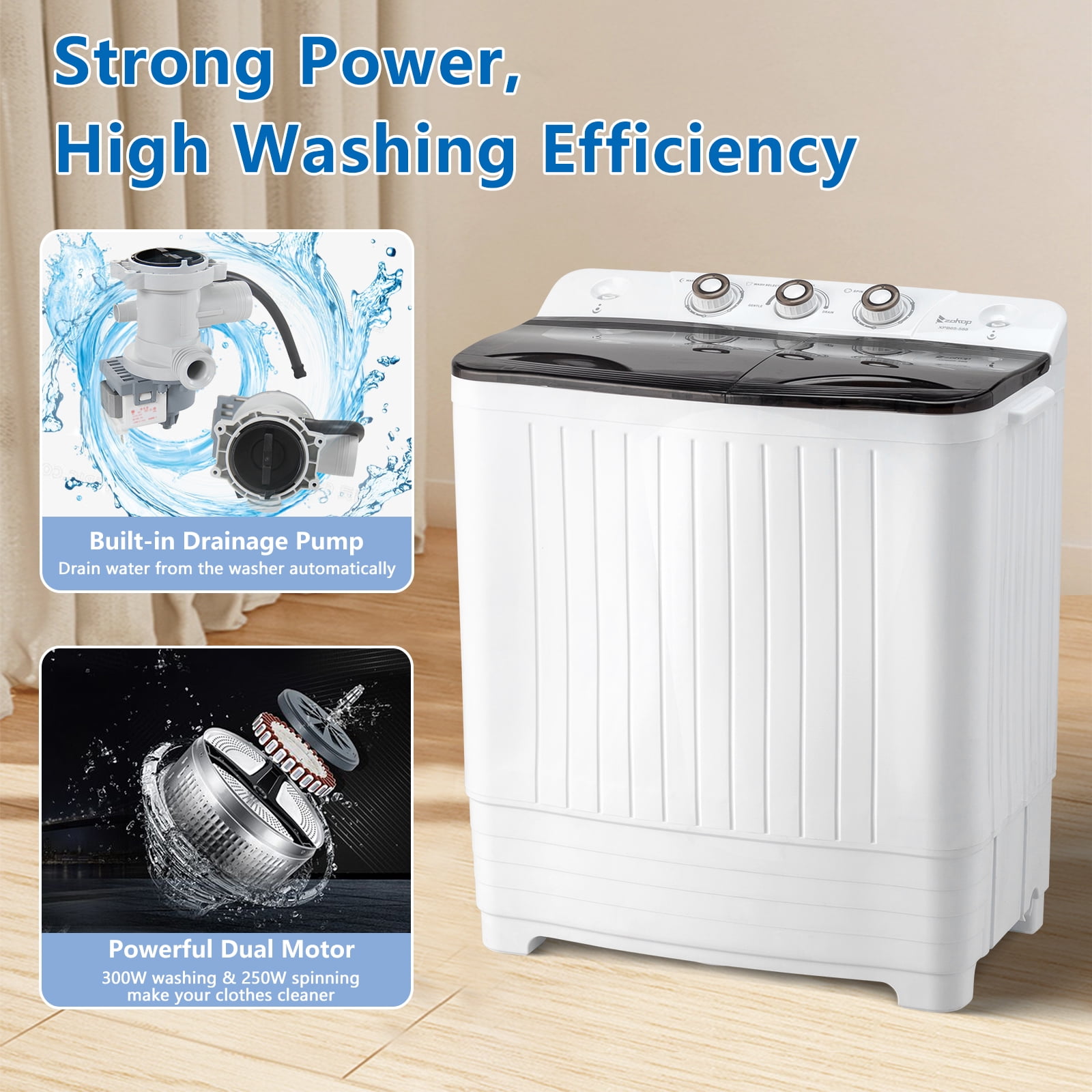 UbesGoo Compact Twin Tub Portable Mini Washing Machine 20lbs Total Washing Machine W/Drain Pump - Image 6