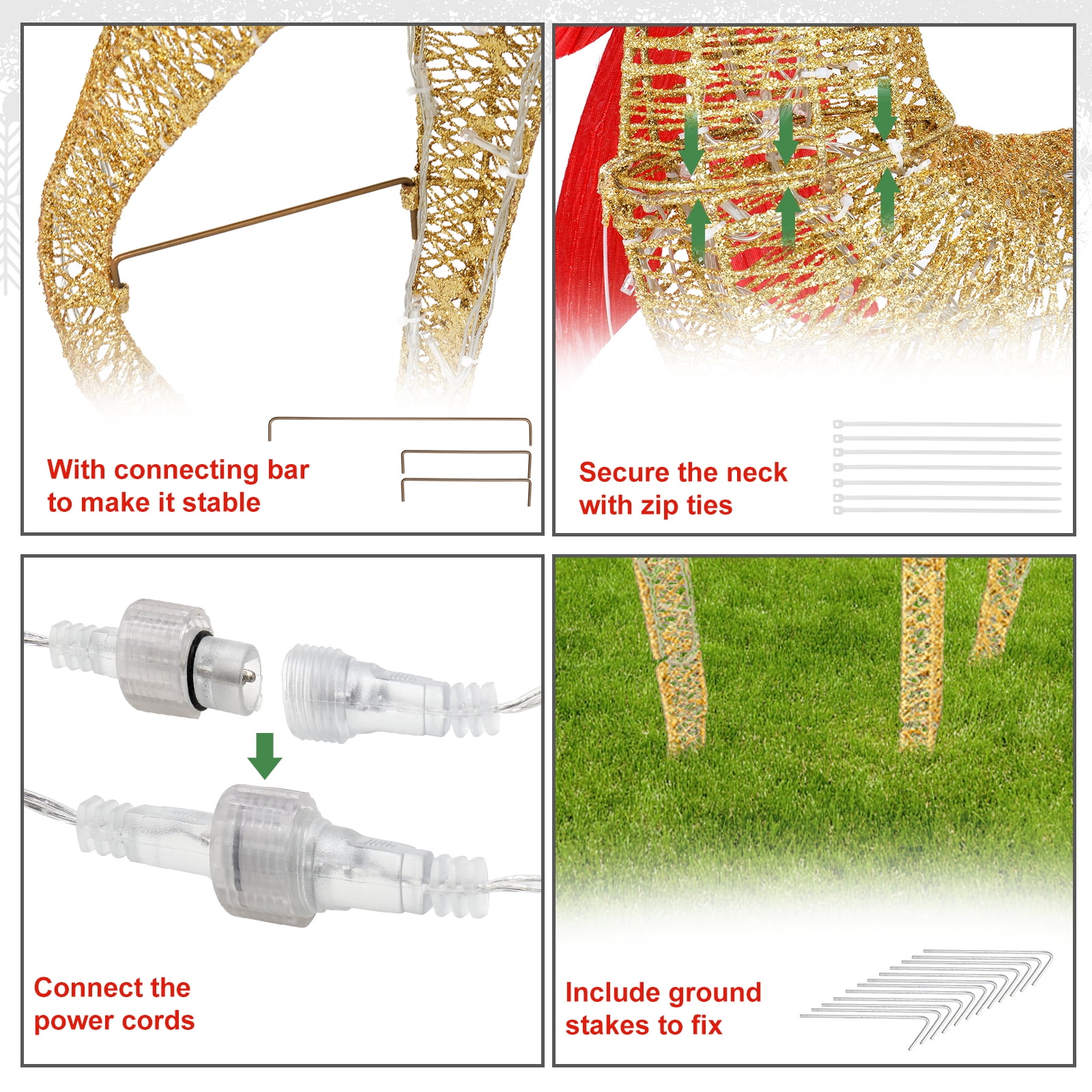 Zimtown Christmas Reindeer Set Outdoor Yard Decoration 4ft Reindeer & Sleigh LED Lights - Golden - Image 6