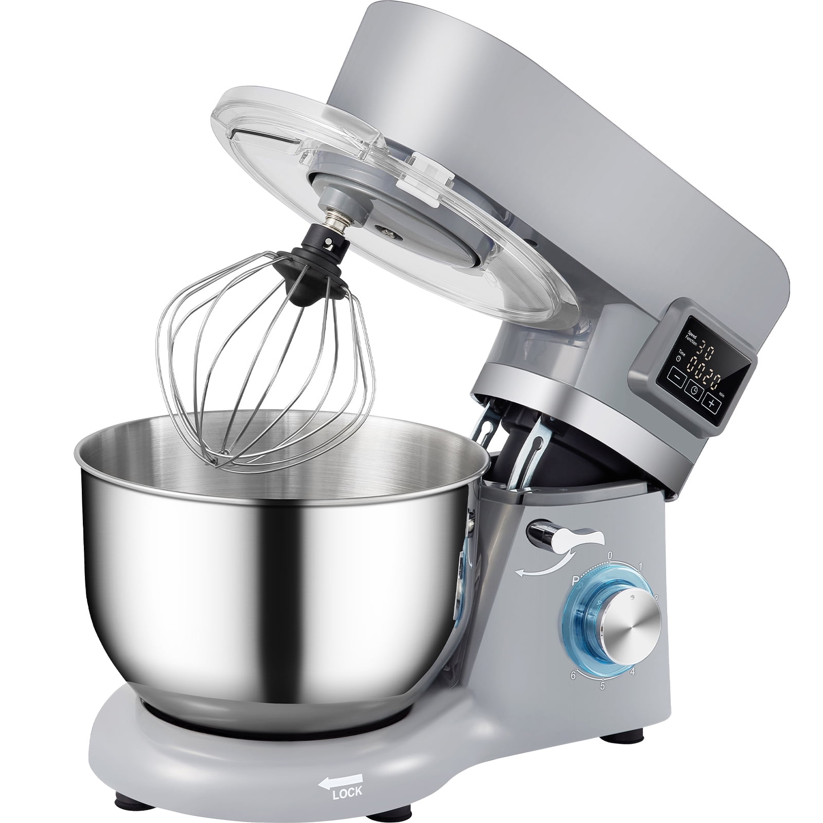 VEVOR Stand Mixer, 660 W, 6-Speed Dough Mixer with LCD Screen Timing, Tilt-Head Food Mixer with 5.8 Qt Stainless Steel Bowl Dough Hook Flat Beater Whisk Scraper Splash-Proof Cover, Gray, 120 V - Image 3