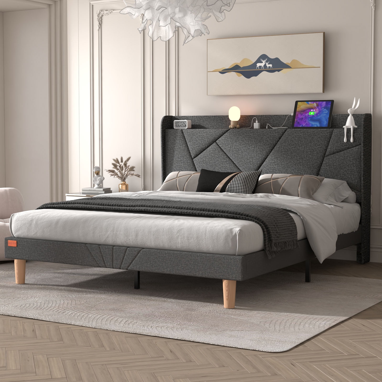NISIEN Queen Bed Frame with Charging Station, Upholstered Platform Bed with Wingback Storage Headboard, Dark Gray - Image 4