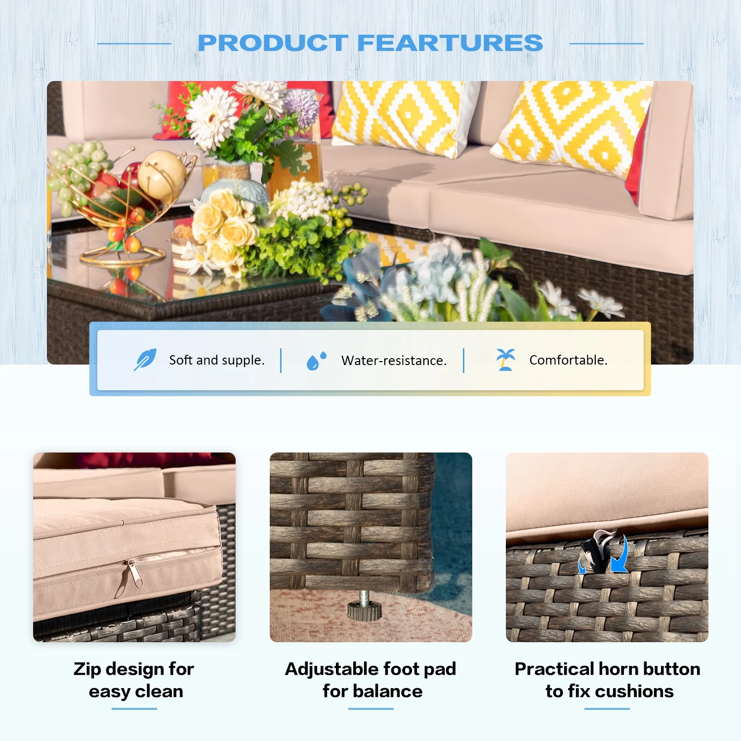 LACOO 5 Pieces Patio Rattan Sectional Set Outdoor Conversation Set , Beige - Image 3