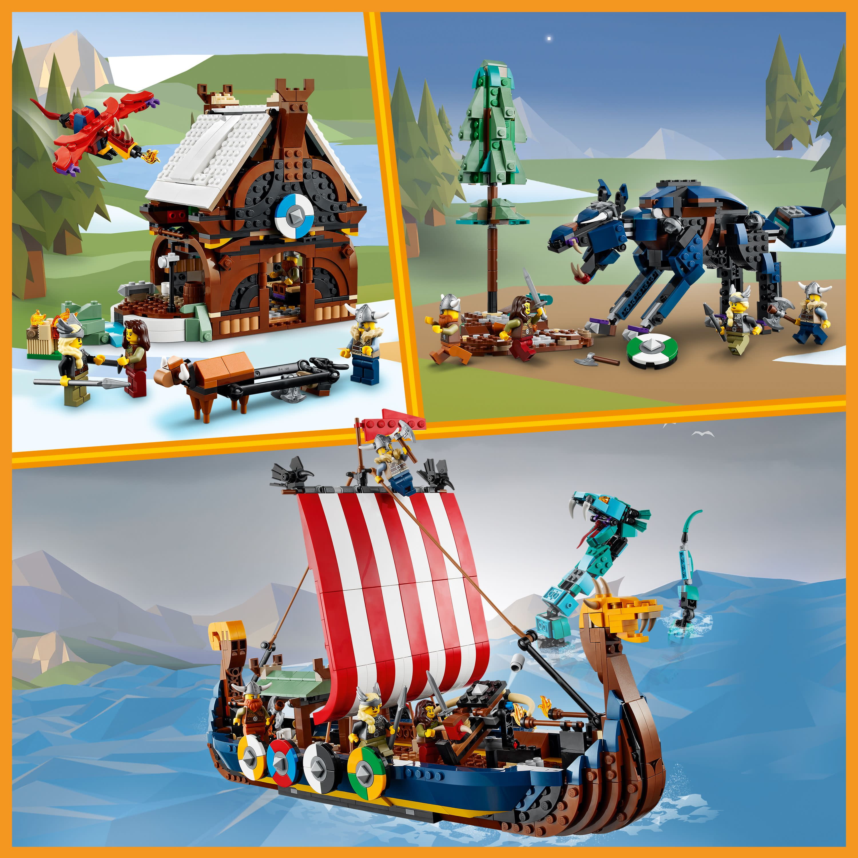 LEGO Creator 3 in 1 Viking Ship and the Midgard Serpent, Transforms from Amazing Ship to Viking House or Fenris Wolf Figure, Gifts for Kids, Boys, and Girls, 31132 - Image 5
