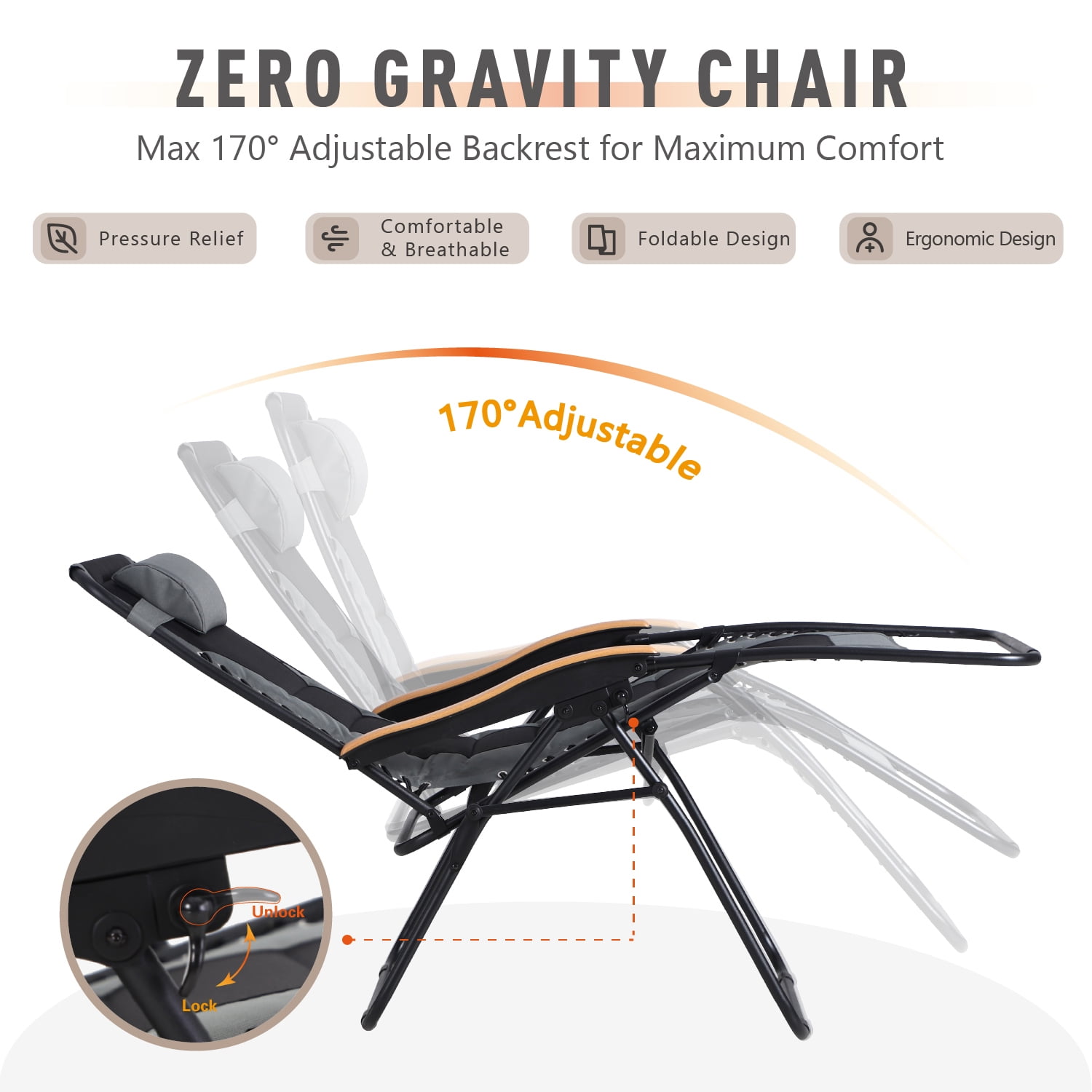 MF Studio Oversized Padded Zero Gravity Chair Adjustable Camping Lawn Chair with Cup Holder, Grey - Image 3