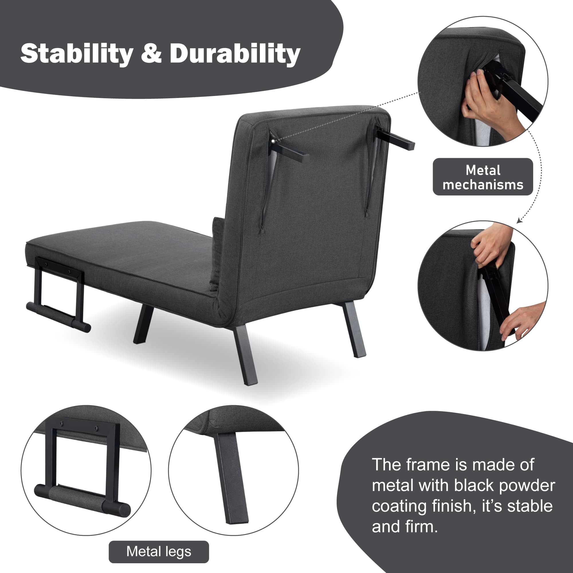 BSHTI 26”Folding Arm Chair Lounge 4-in-1, Convertible Sofa Bed, Modern Sofa Bed,for Small Spaces,Living Room,Guest Room,Office(Dark Gray) - Image 13